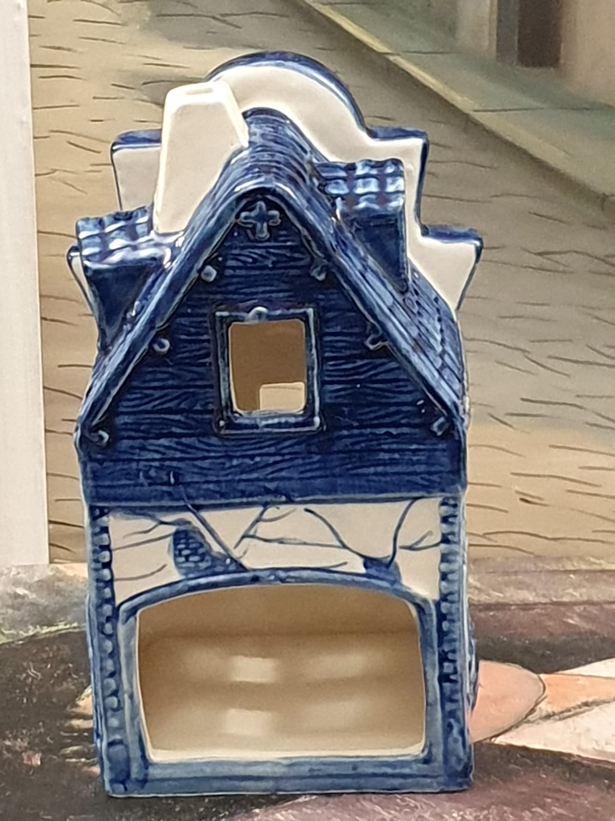Casinha porta velas em porcelana holandesa azul e branca Delft, prédio de padaria (Bakery), no 1699