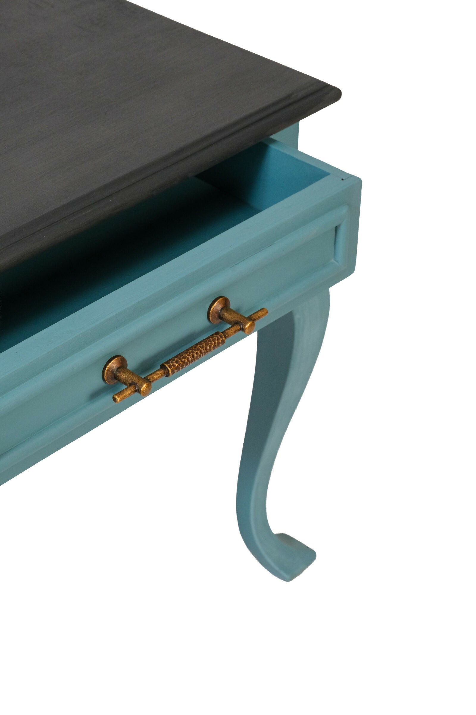 Mesa Lateral restaurada azul e preta - madeira maciça