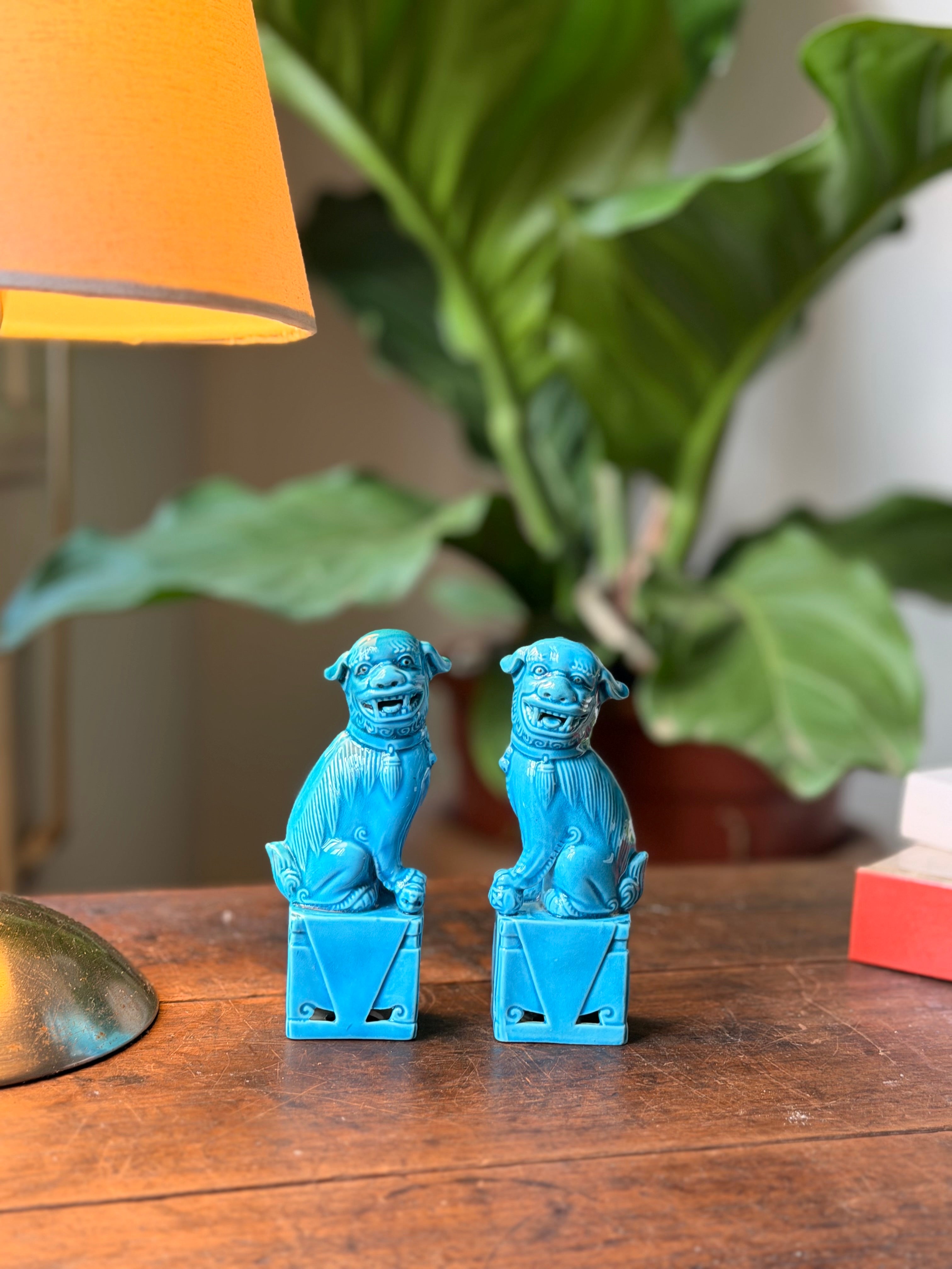 Par Leões de Fo Azul Turquesa Vintage Chinoiseri