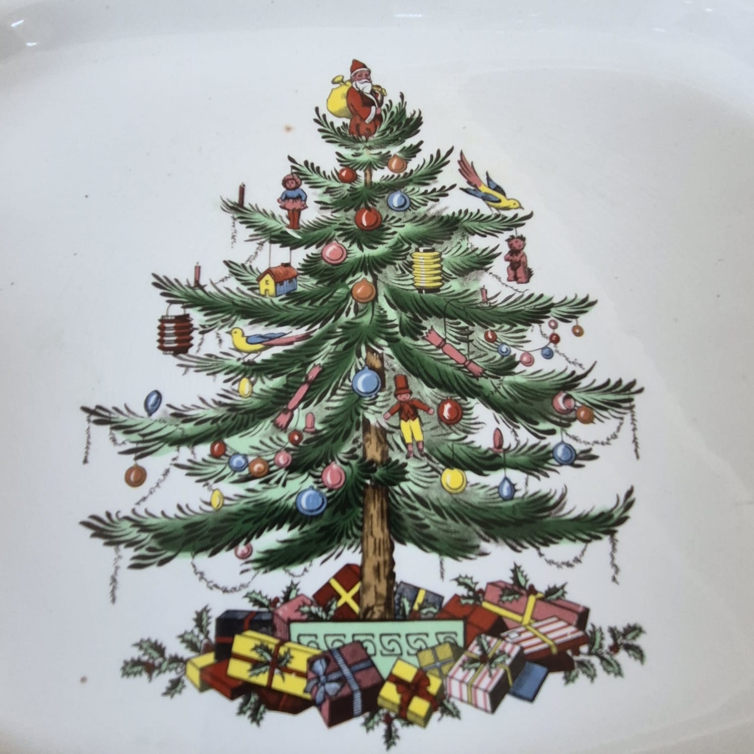 Travessa em faiança vintage inglesa comemorativa de Natal Spode, linha Christmas Tree. Linda e em ótimo estado.