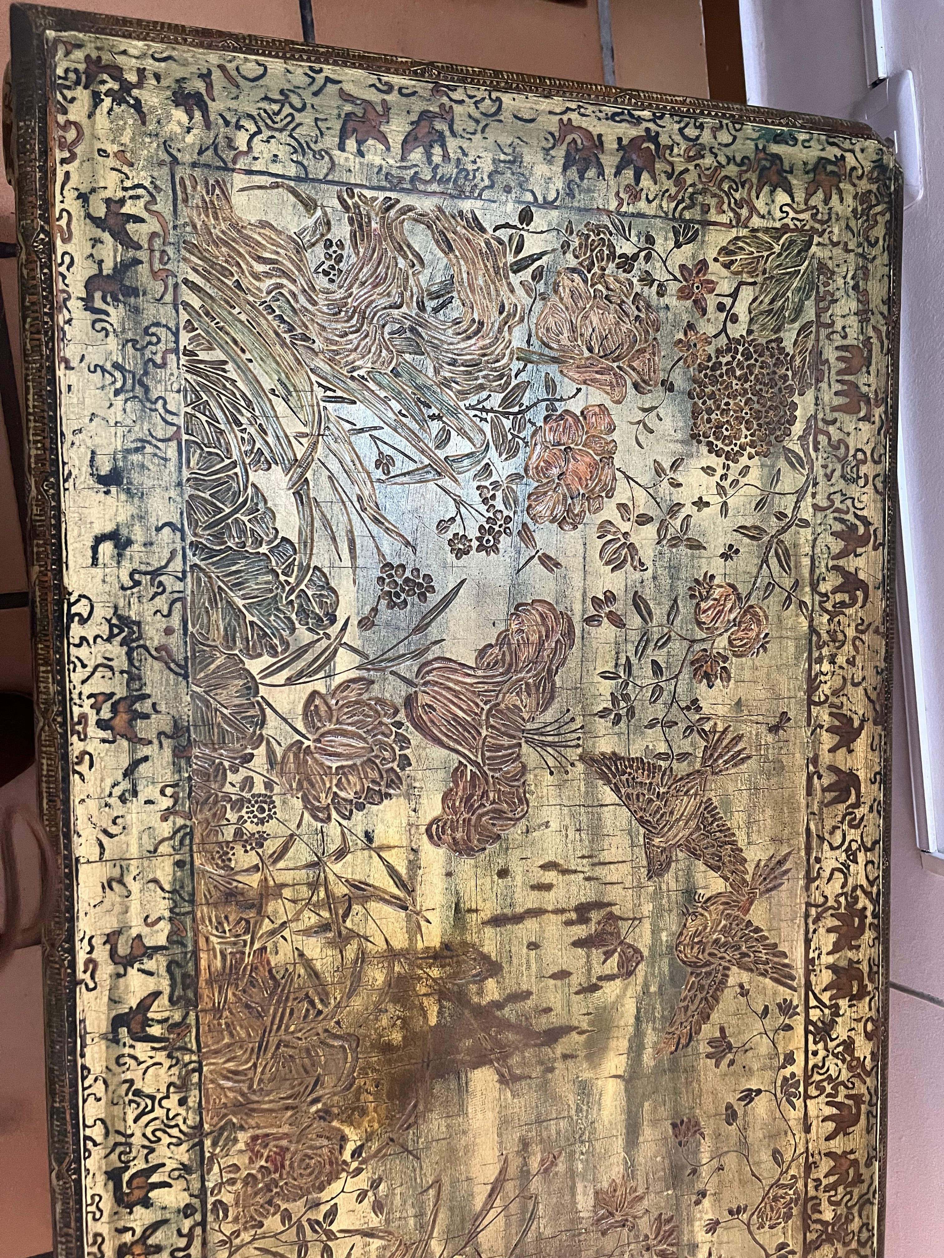 Mesa de Centro Retangular Antiga Oriental Estilo Chinoiserie com flores e pássaros 