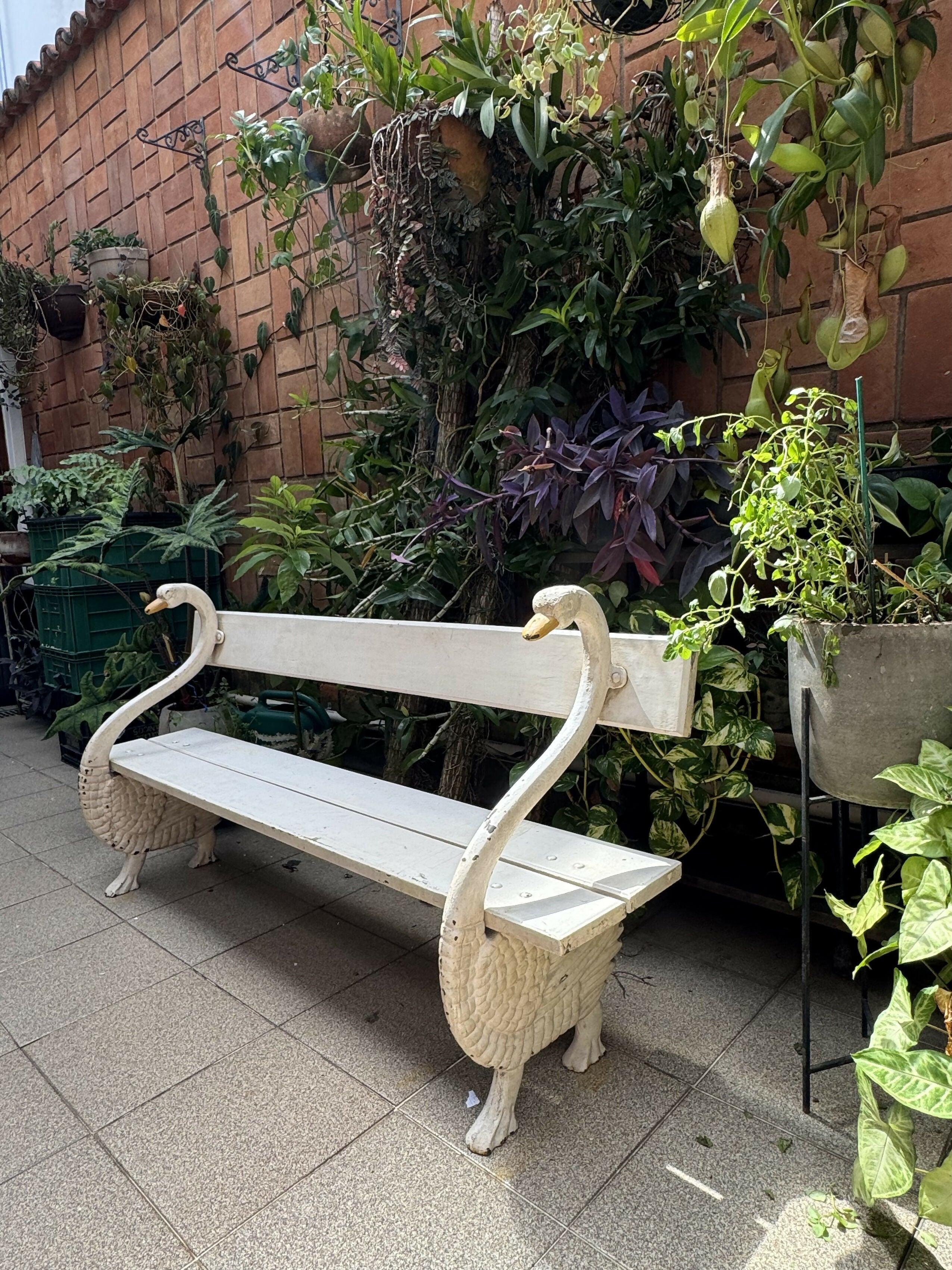 Banco de madeira em formato de dois cisnes