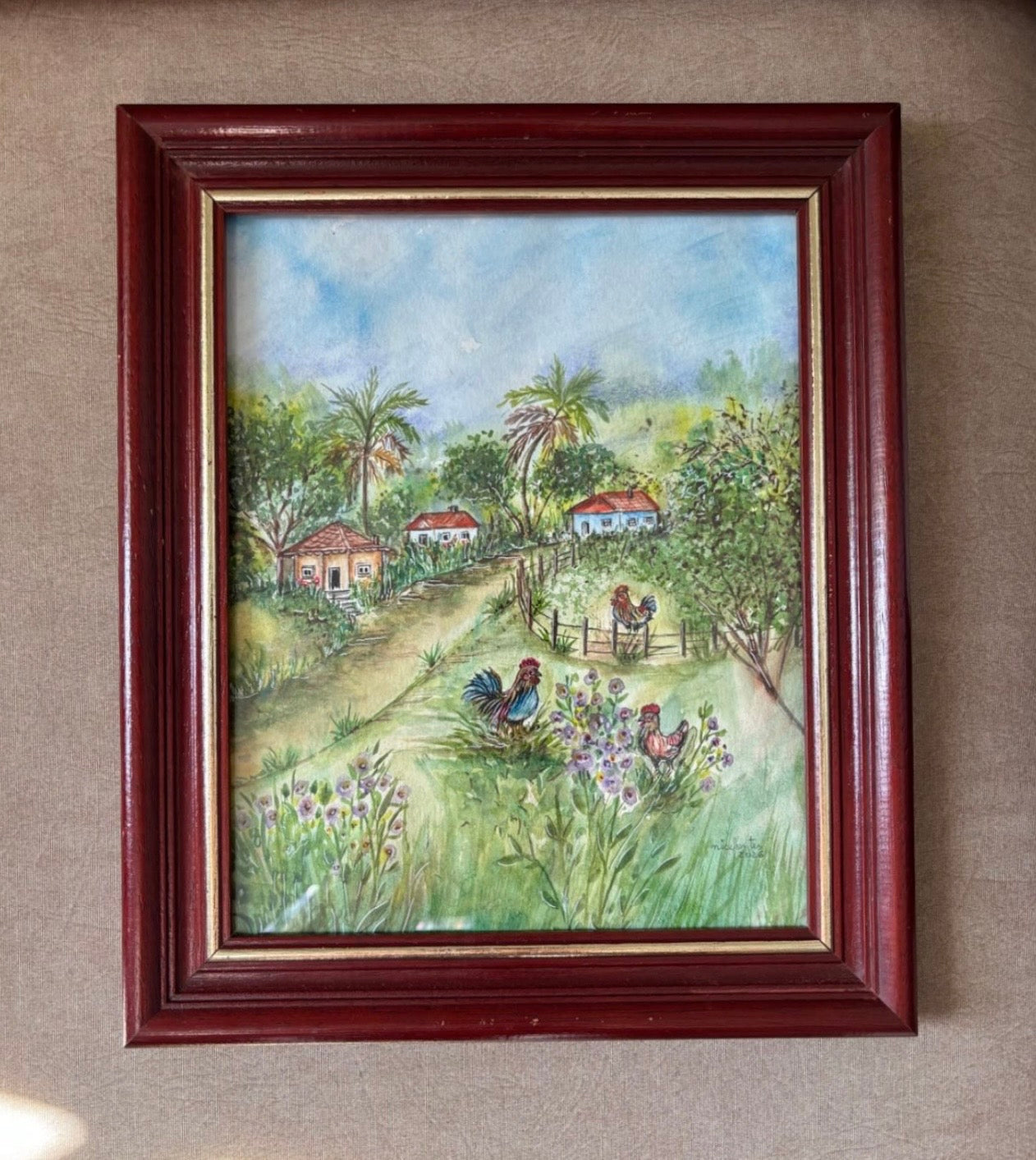 Quadro decorativo em aquarela retratando paisagem rural com galinhas 