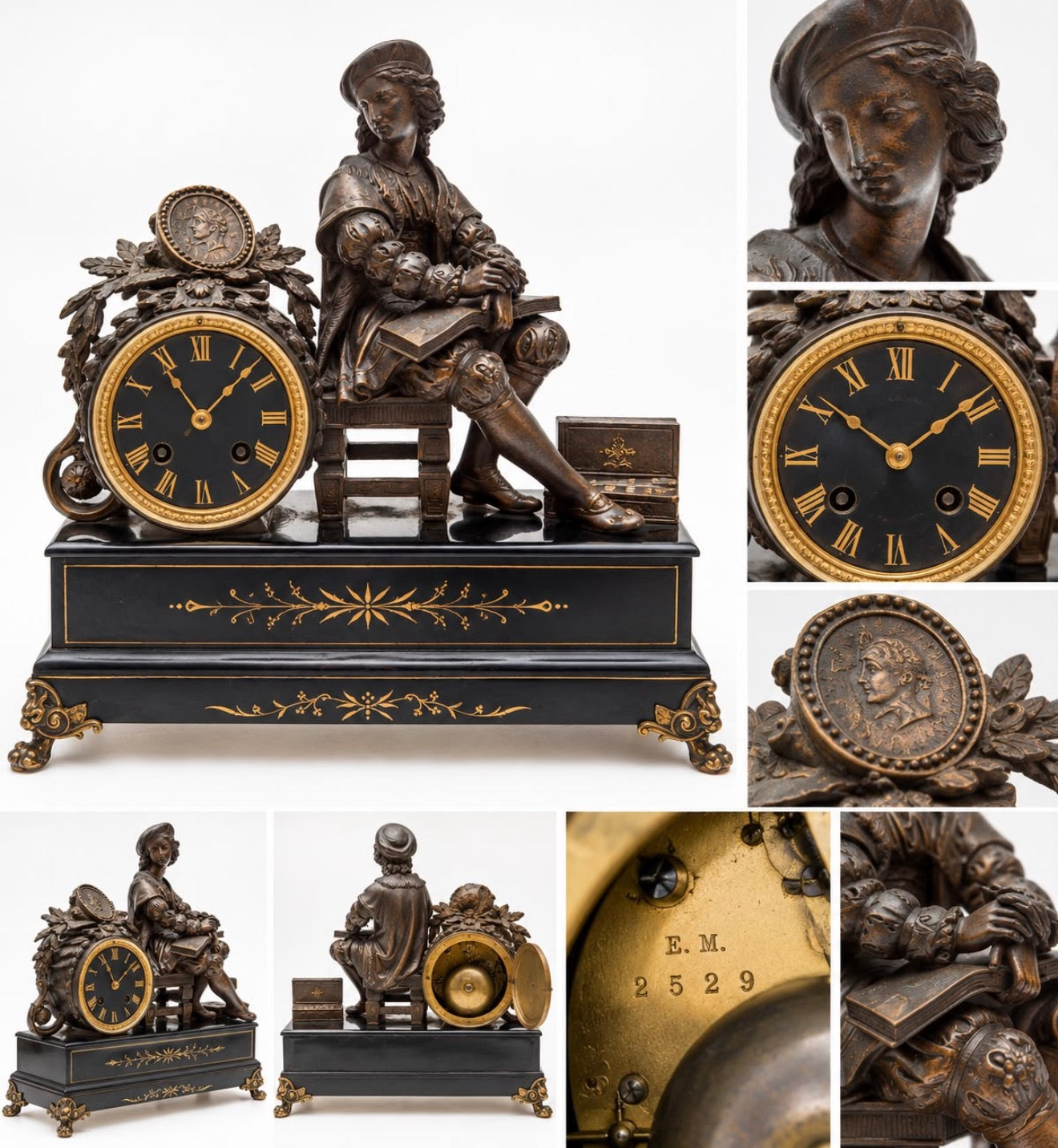 Relógio de Lareira Francês em bronze retratando jovem leitor com base em mármore – Napoleão III