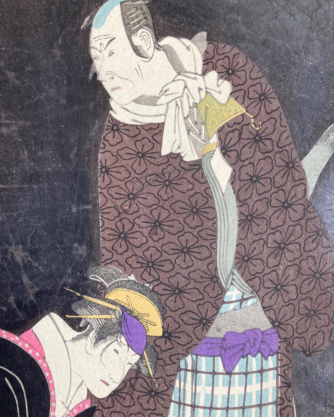 Xilogravura japonesa (Ukiyo-e) de Sharaku cena da peça do teatro Kabuki  peça "Yomo-no Nishiki Kokyo-no Tabiji" - Autêntica e Rara