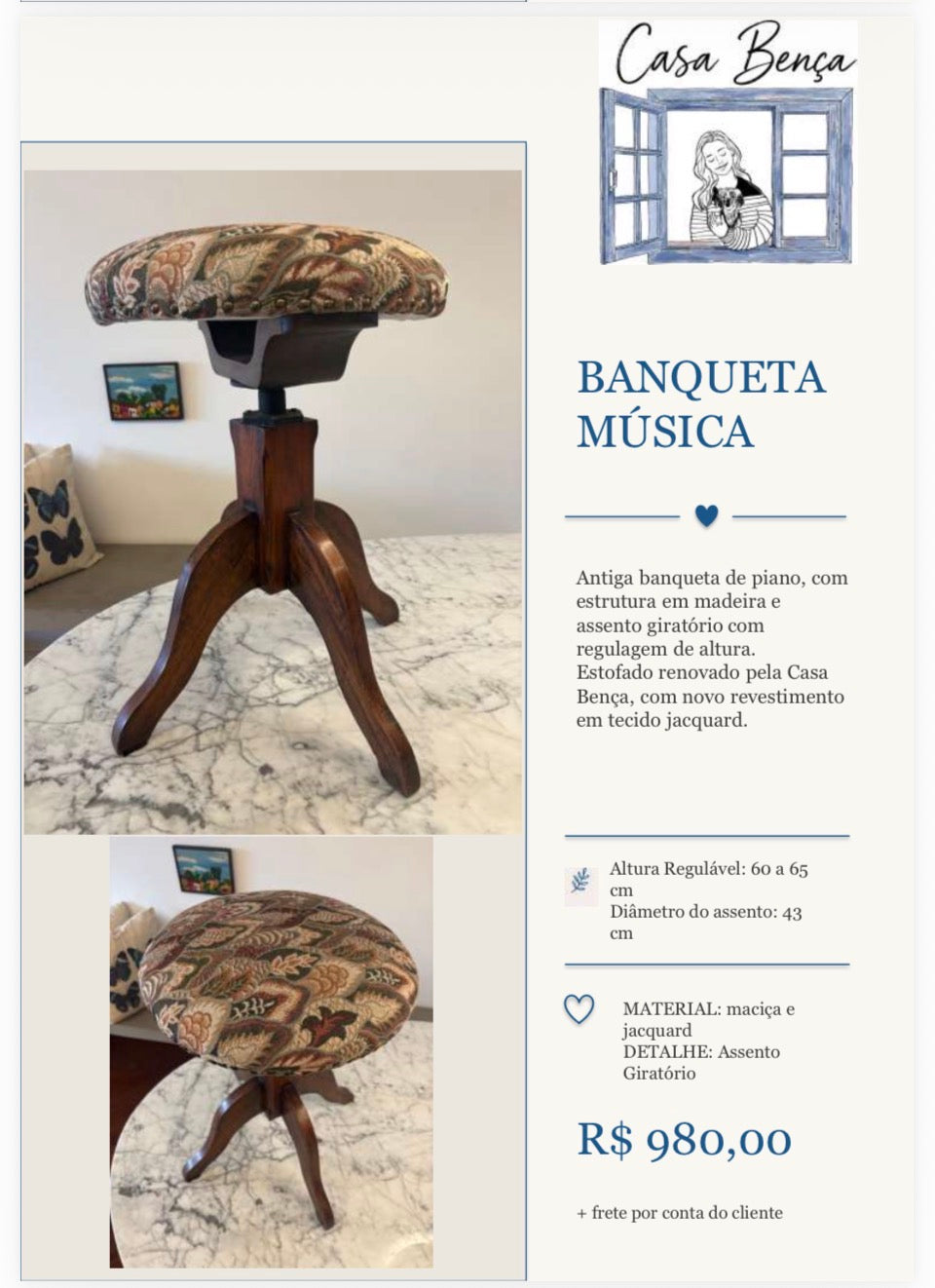 Banqueta redonda de Piano - Banqueta “Música”. com estofado em Jacquard com padrão de folhas
