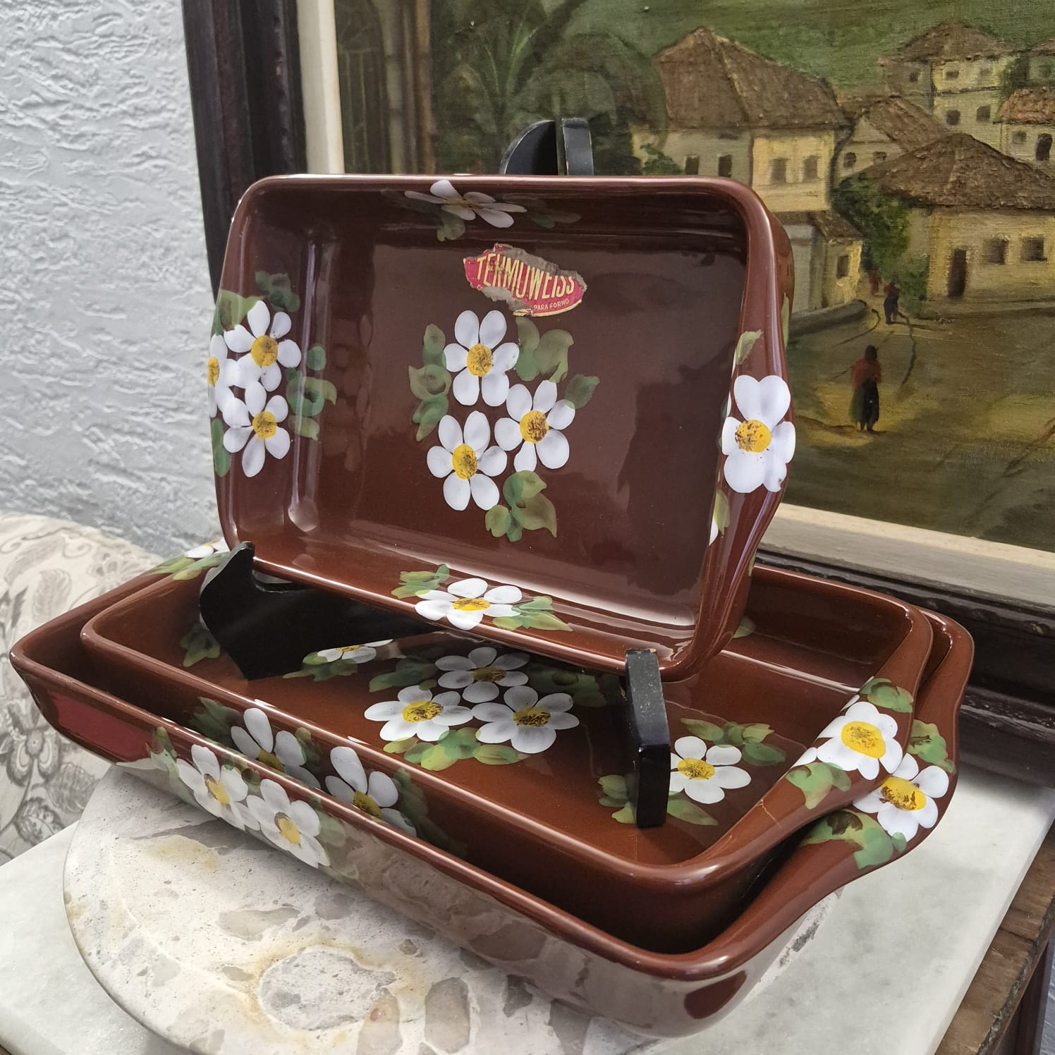 Conjunto de travessas refratárias em cerâmica vintage nacional Weiss, linha Thermoweiss. Lindas.  3 peças.