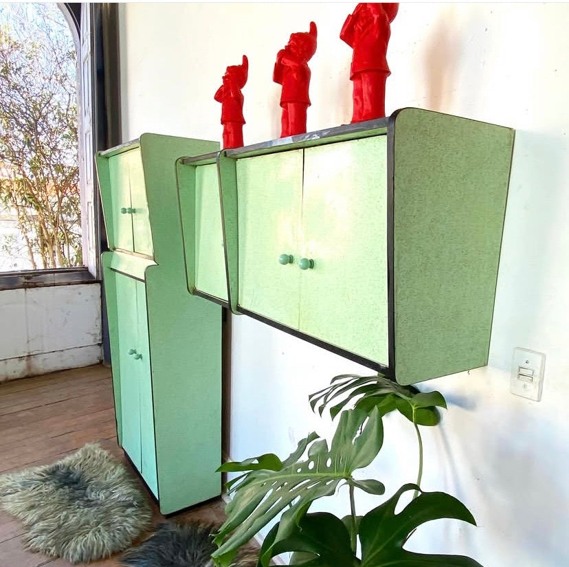 Conjunto de fórmica verde água e rosa anos 50