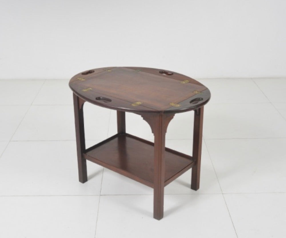 Mesa Auxiliar Oval estilo inglês em madeira com tampo bandeja removível e abas laterais retrateis 
