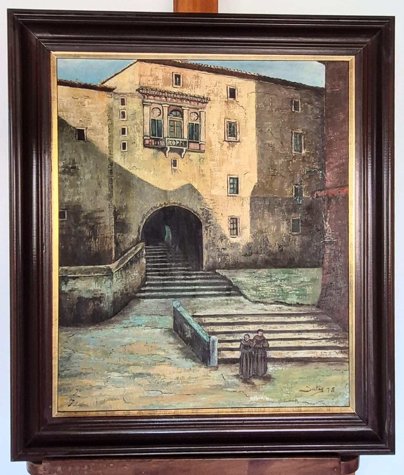 Quadro com pintura óleo sobre tela, inspirado na obra clássica européia do pintor Ettore Roesler Franz (séc XIX) chamada Palazzo Borgia.  Pintada por Saty em 1978.