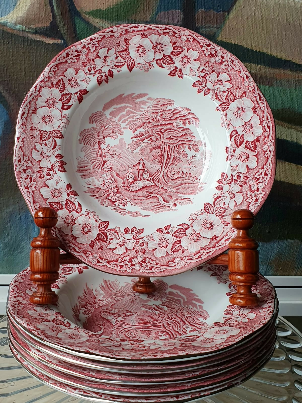 Conjunto de 16 pratos Woodland Pink da Enoch Wedgwood com carimbo Drohaoser