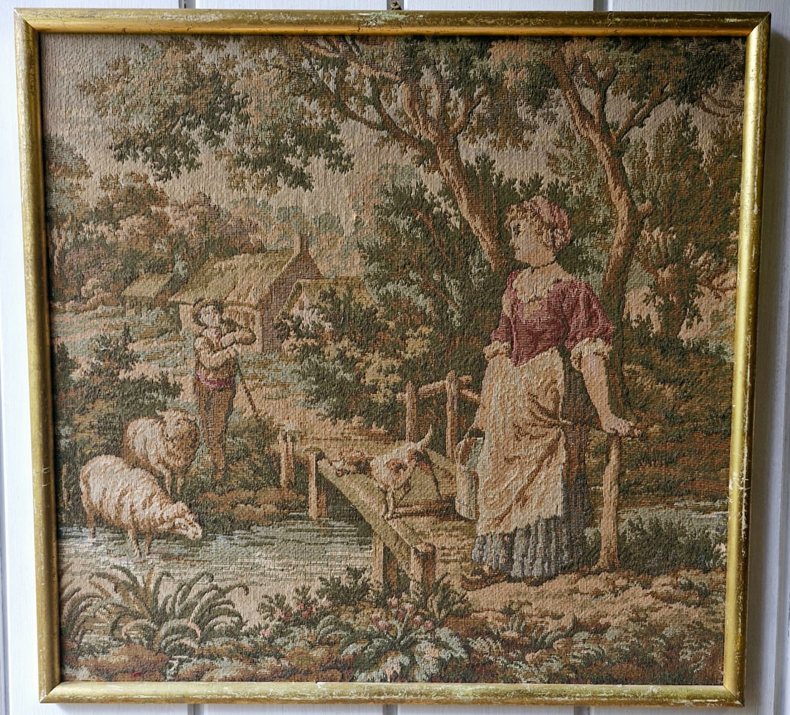 Belíssimo Quadro em Tapeçaria Francesa Gobelin com moldura dourada 
