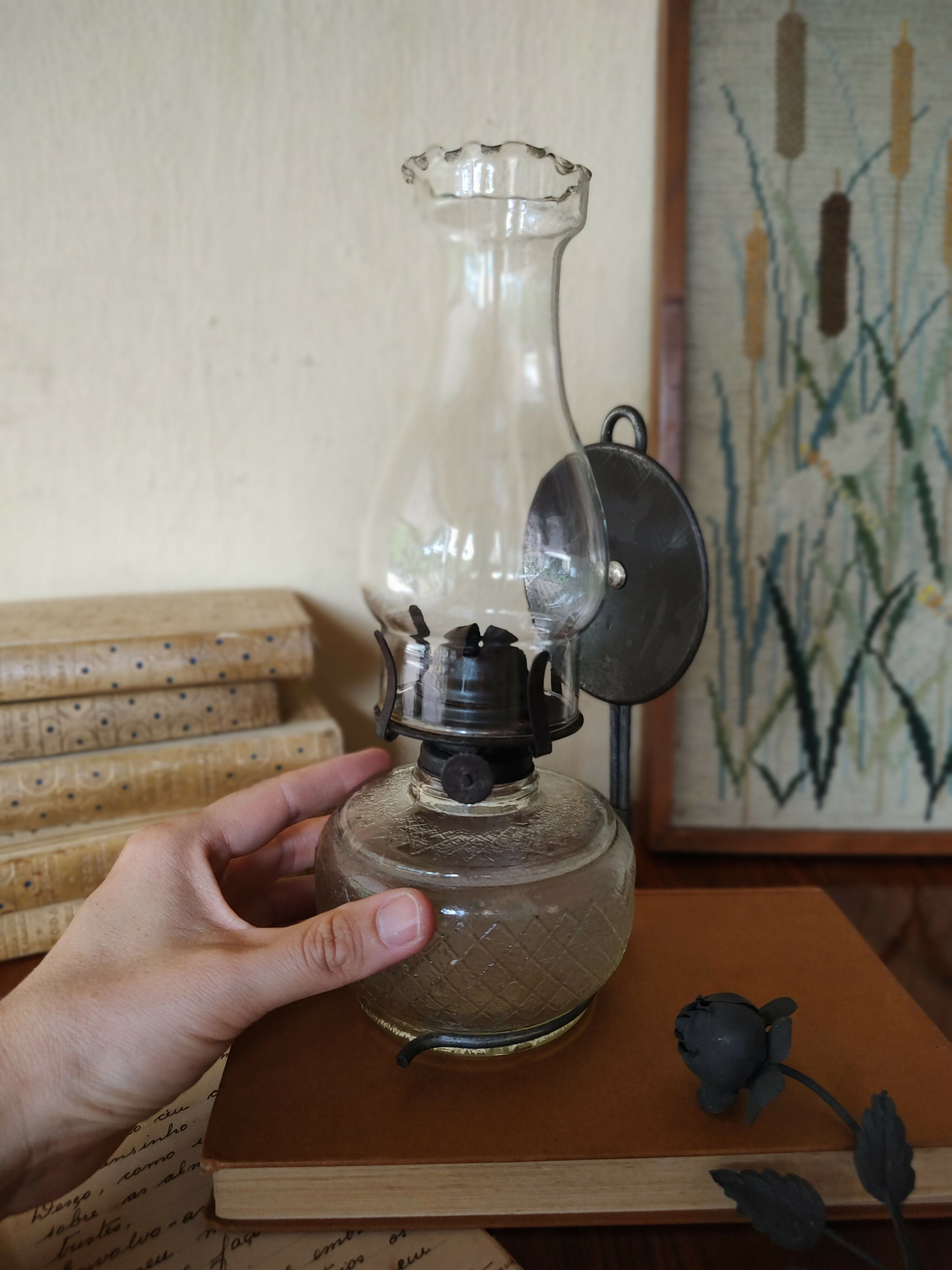 Antiga Lamparina / Lampião de mesa século XIX em vidro colonial