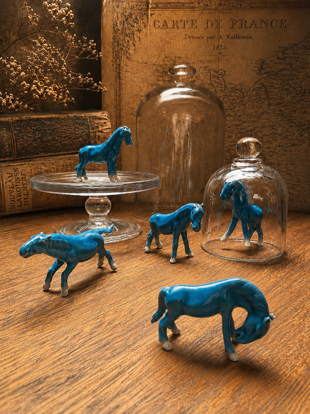 Miniatura Cavalinhos da Felicidade porcelana chinesa azul turquesa 