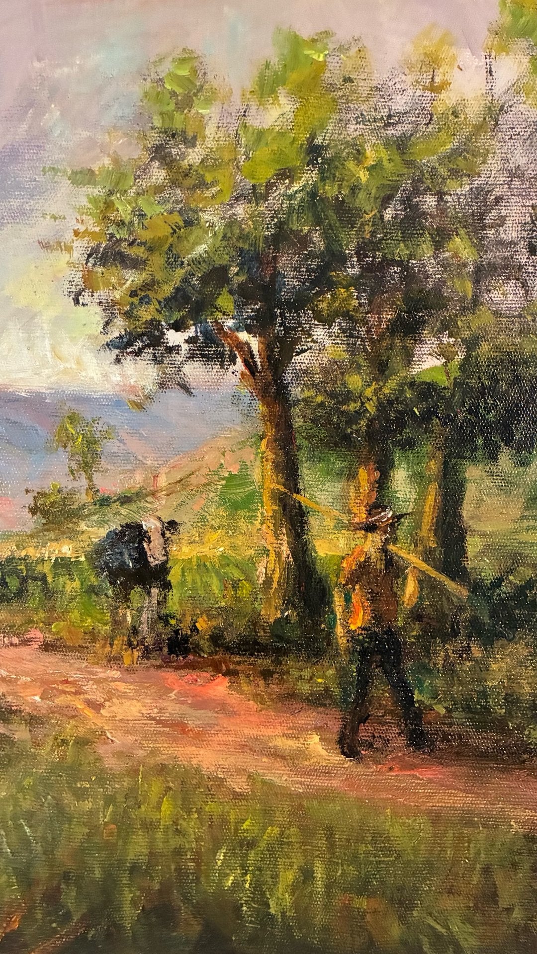 Quadro Óleo Sobre tela Paisagem Rural com Figuras e Gado
