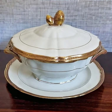 Sopeira com presentoir em porcelana branca e dourada limoges