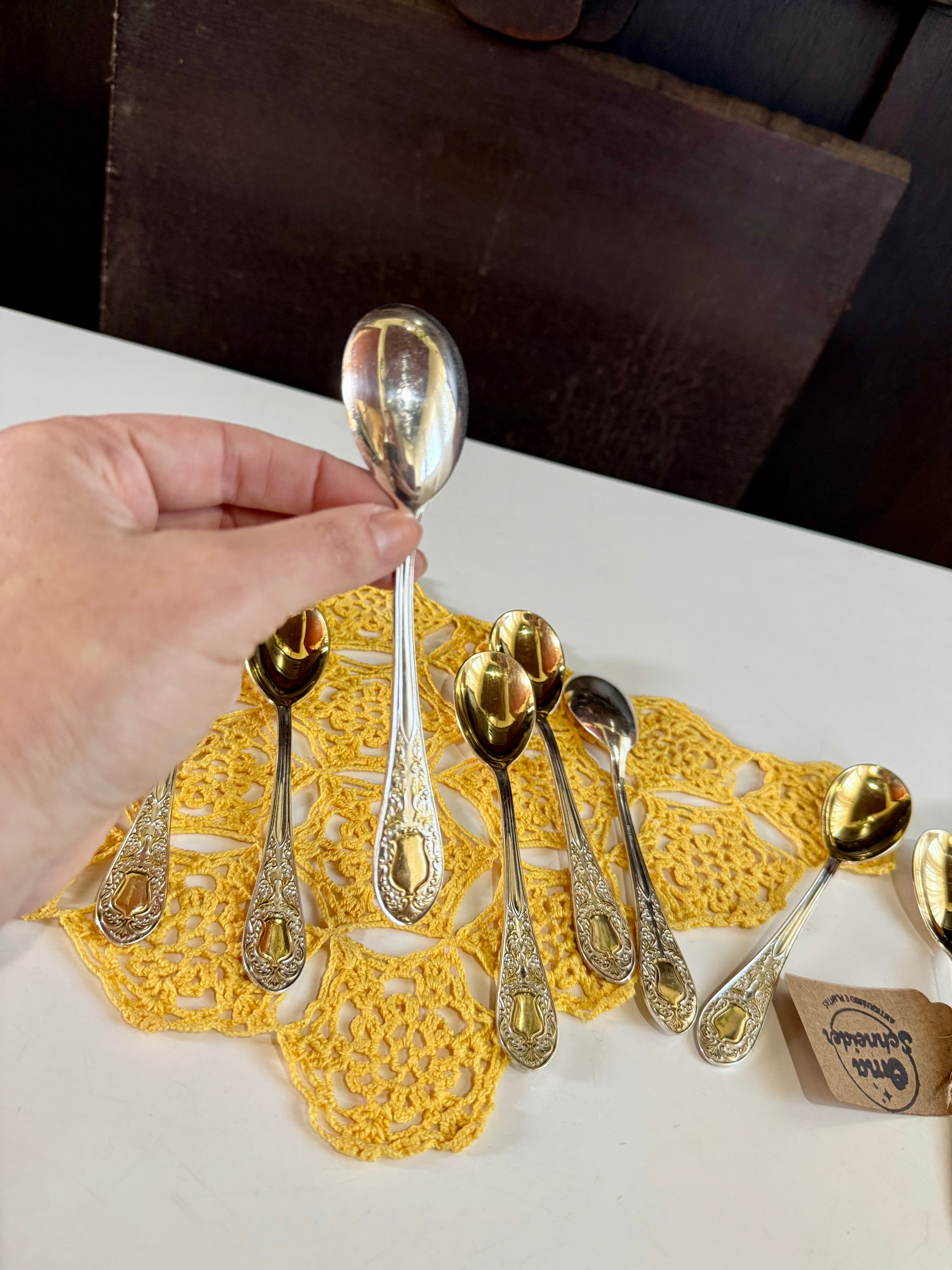 Lote de 9 colheres de sobremesa Eberle banhada a ouro e espessurada a prata 90