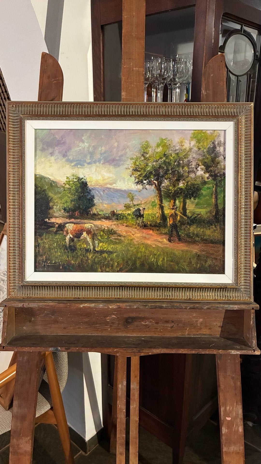 Quadro Óleo Sobre tela Paisagem Rural com Figuras e Gado