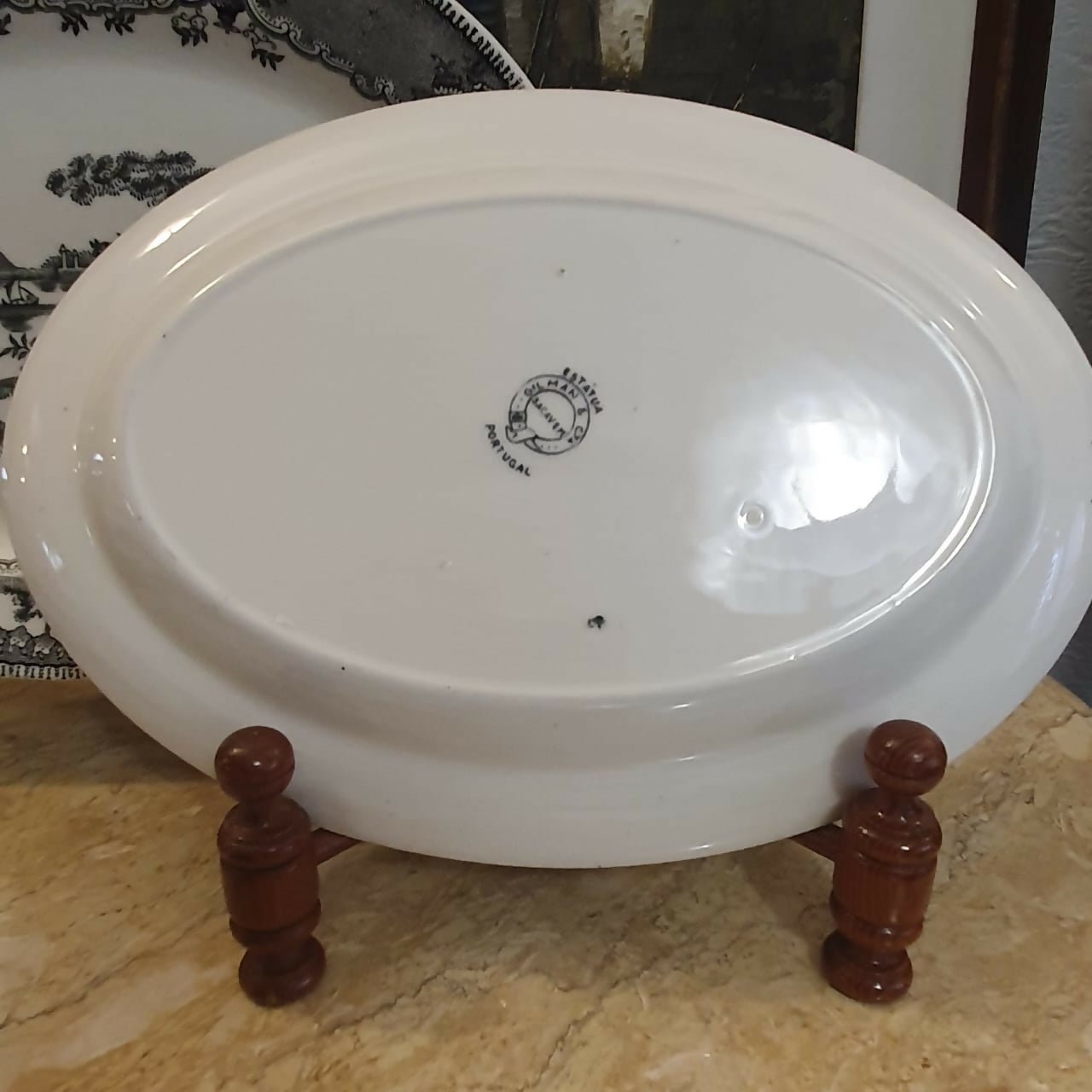 Par de travessas em faiança portuguesa antiga Sacavém, decoração "Estátua " em excelente estado!