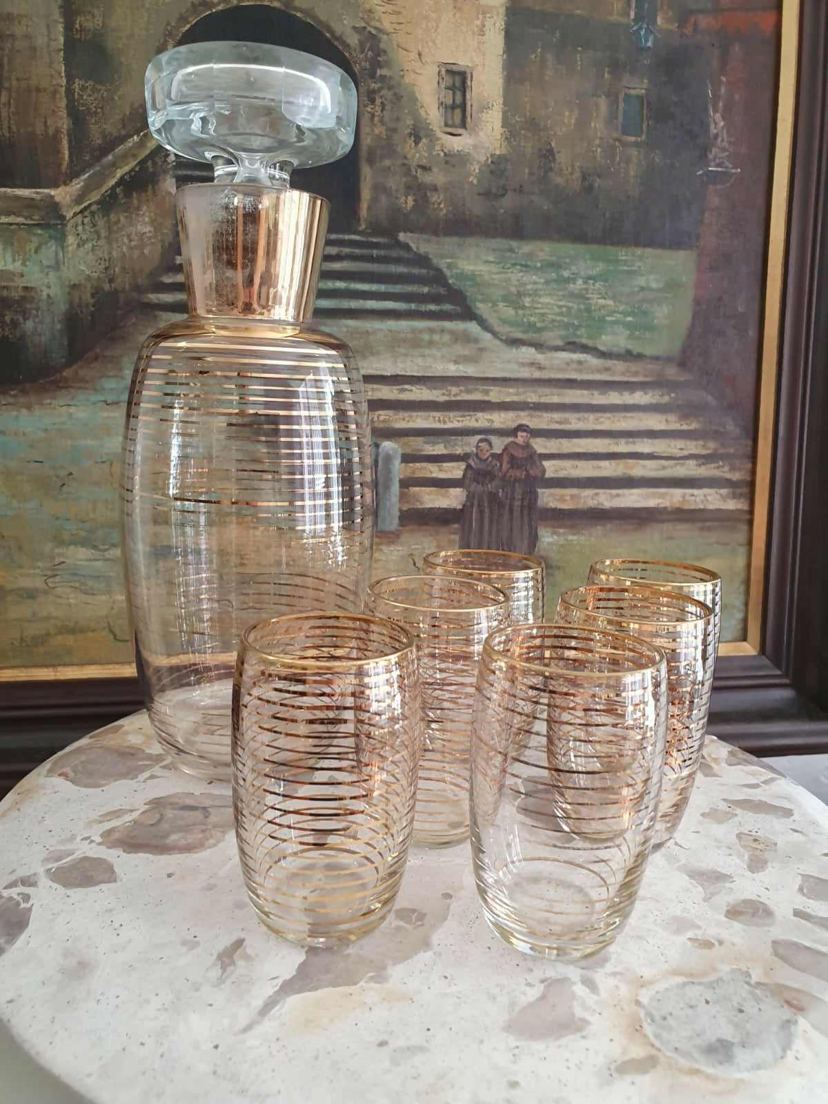 Conjunto de licoreira e 6 copinhos em vidro dos anos 50, lindos e perfeitos. Lindo!