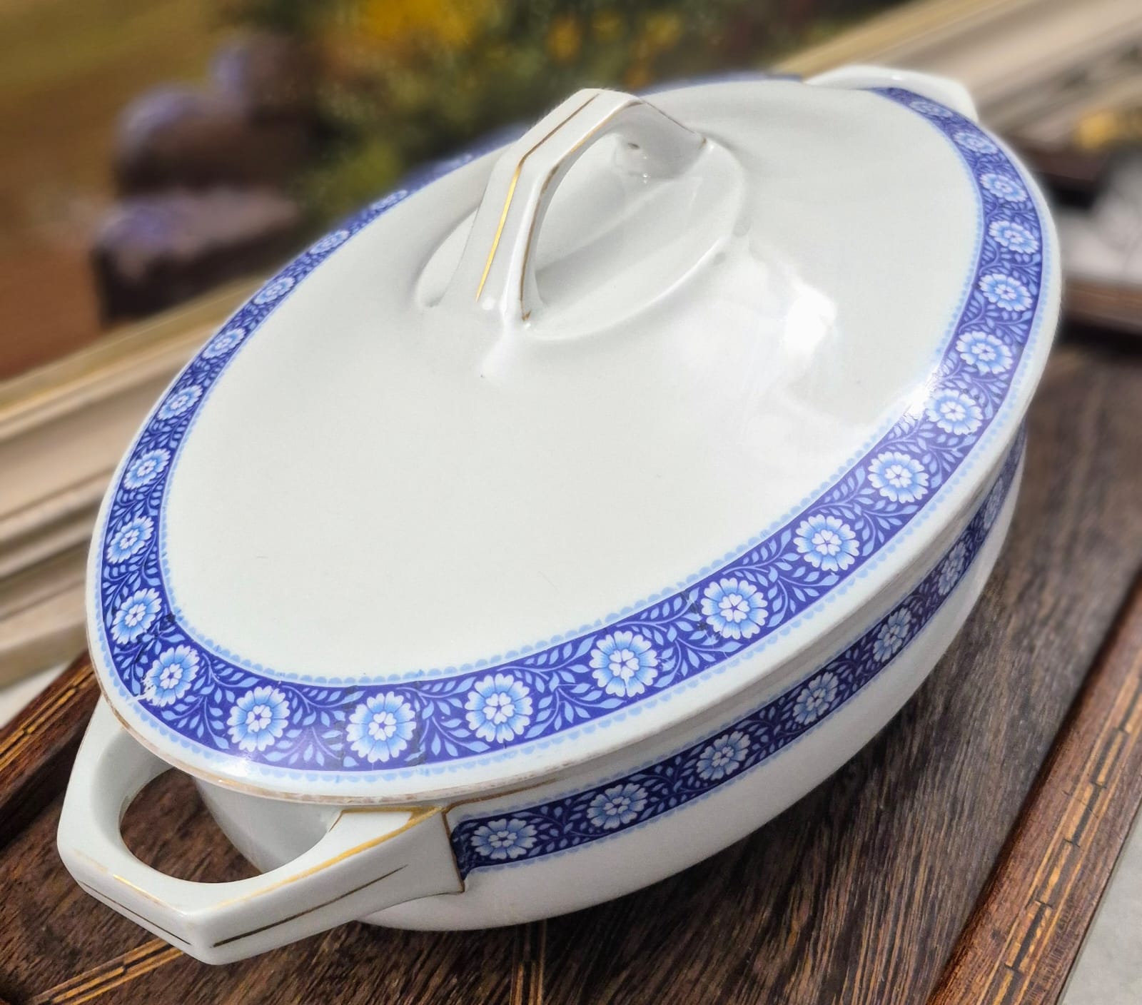  Sopeira oval vintage com detalhes em azul, anos 70, em porcelana alemã MS - Melitta Friesland