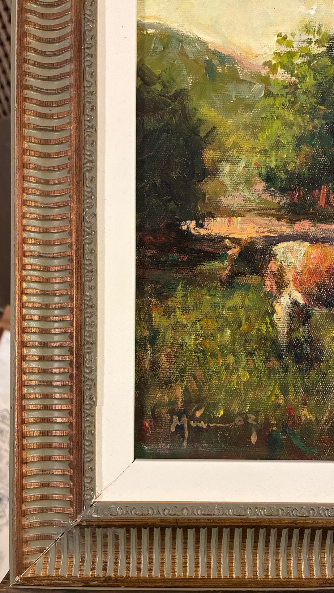 Quadro Óleo Sobre tela Paisagem Rural com Figuras e Gado