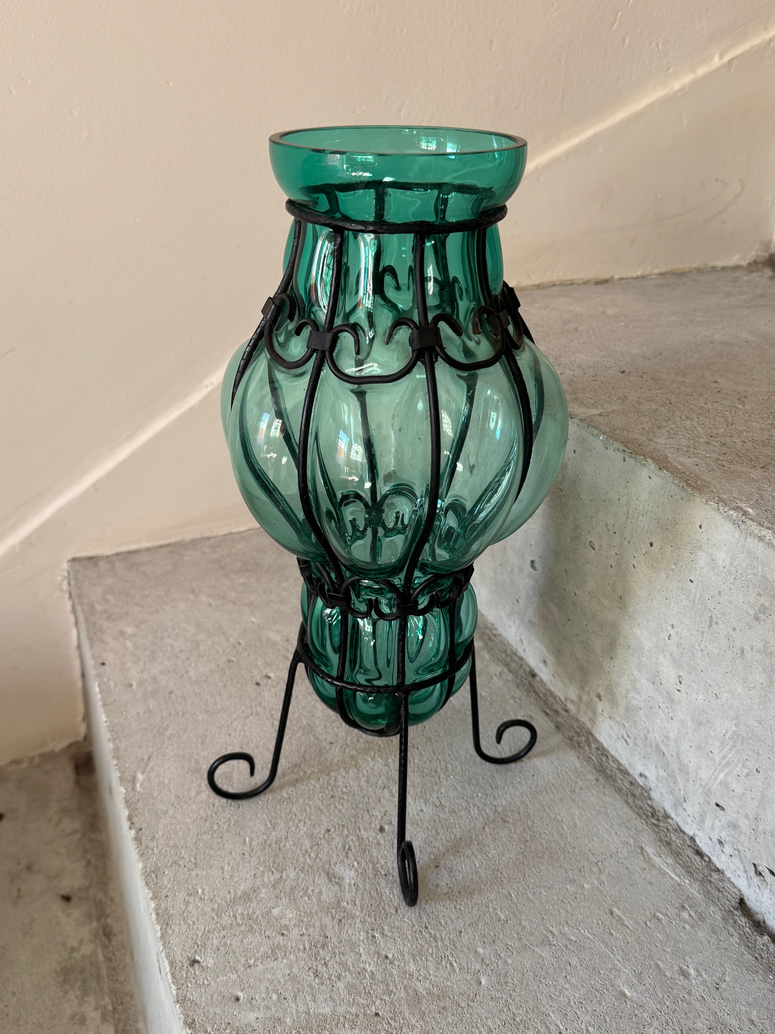 Vaso Italiano Vidro verde Soprado Bombê