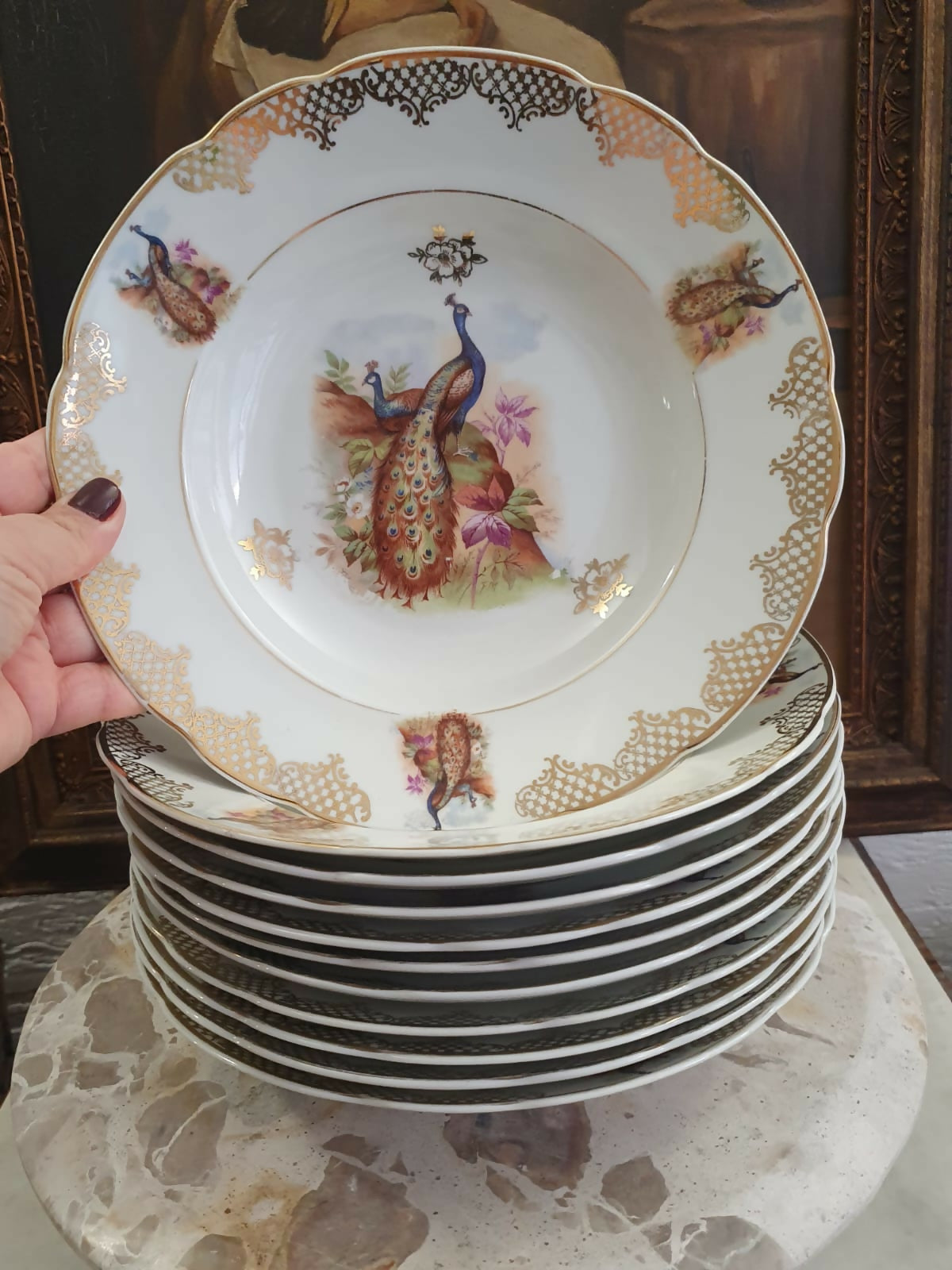 Conjunto em porcelana Real para sopa, 12 peças, anos 40, maravilhoso, Aves do Paraíso. Impecável!