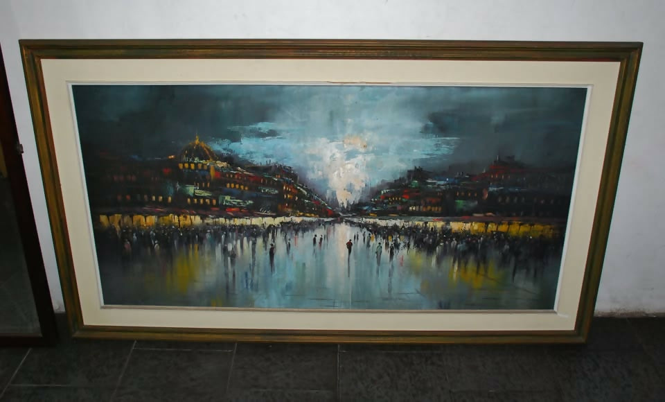 quadro oleo sobre tela anos 70 - 1,40 x 70 , moldura 1,63 x 0,93