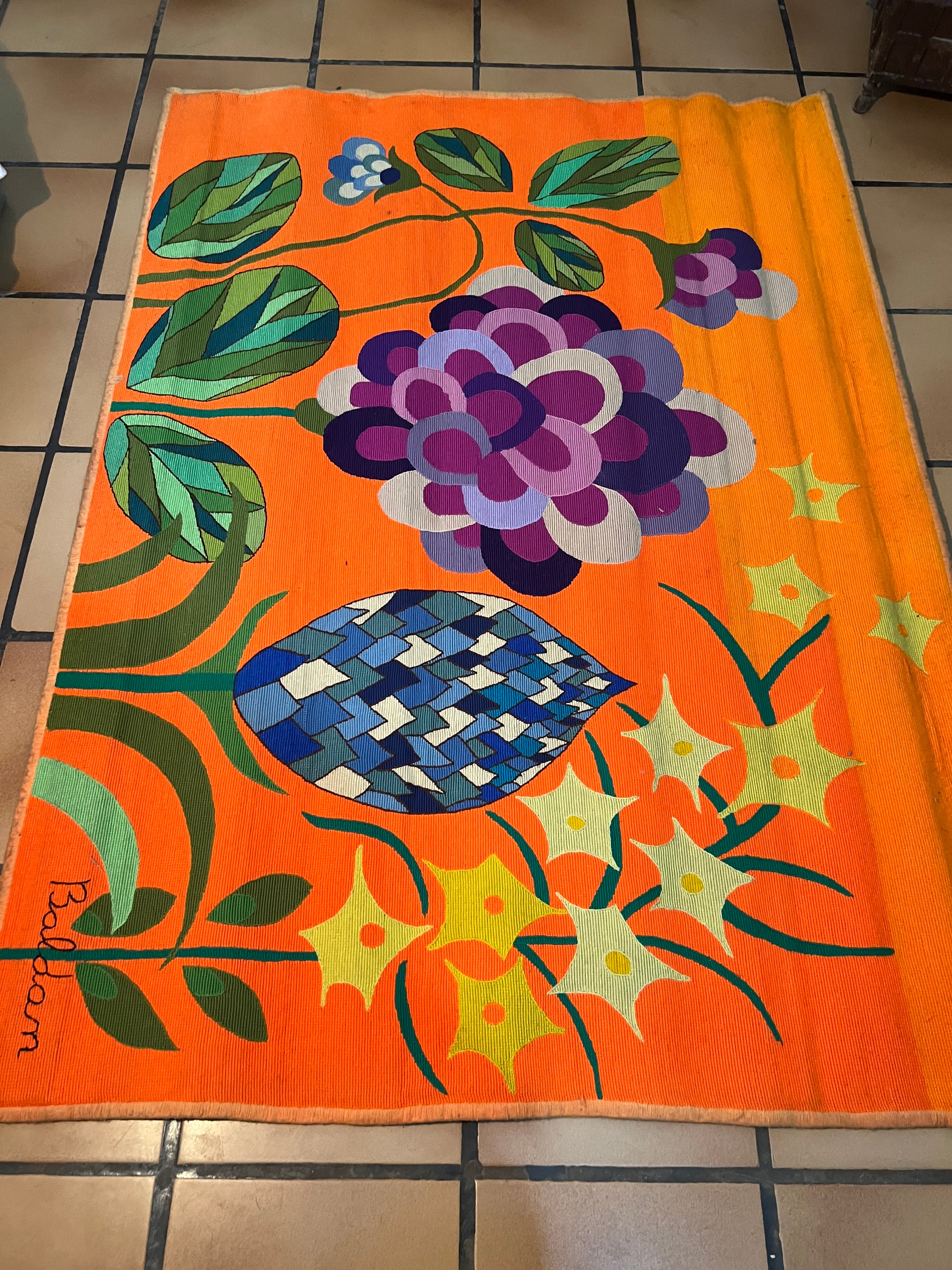  Tapeçaria Vintage Assinada Baldan – Anos 70 – Floral Laranja Grande