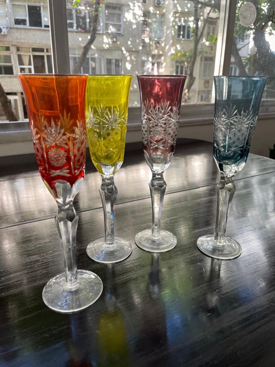 4 taças flutes para champanhe em cristal double colorido 