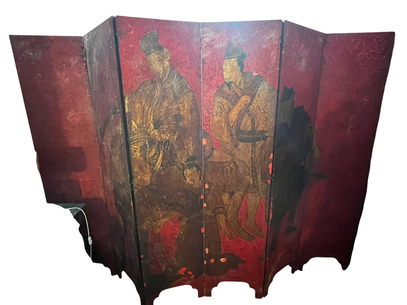Biombo Oriental 6 Folhas Pintado À Mão. em Laca Vermelha - Duas Faces Decoradas