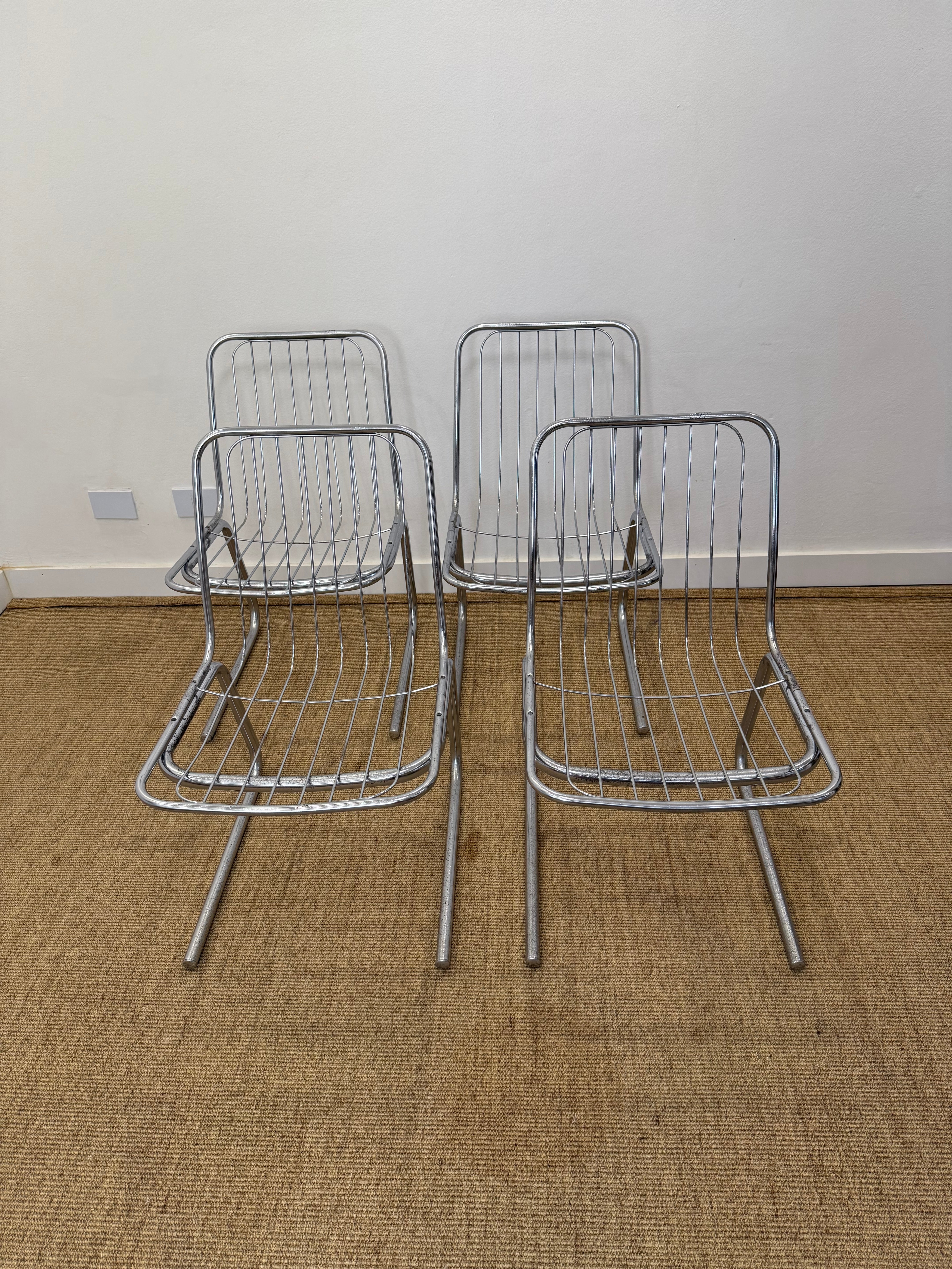 Conjunto Mesa de jantar Pozza 1970 em aço tubular (mesa retangular + 4 cadeiras) 