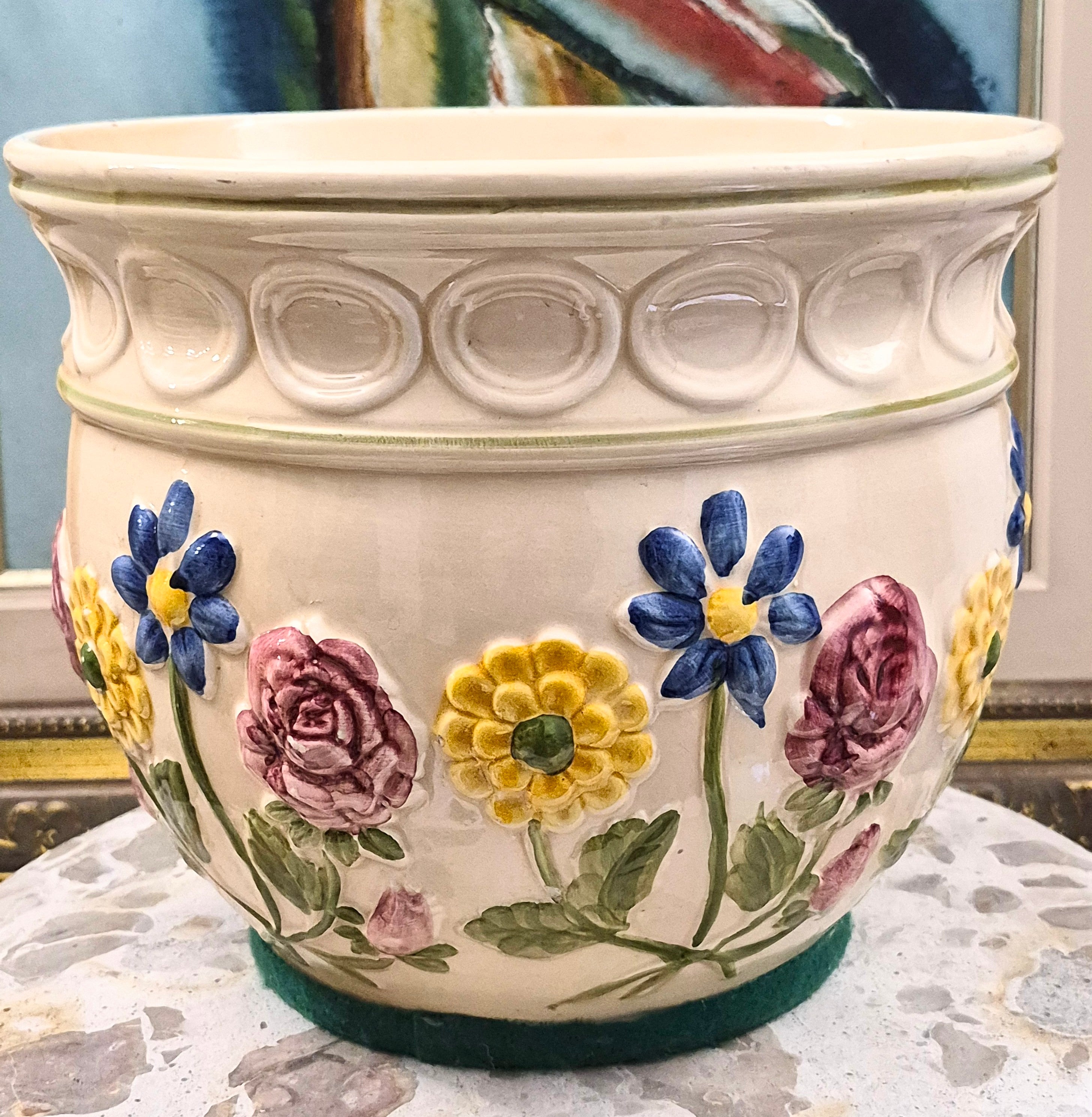 Cachepot cerâmica WEISS vintage com flores multicoloridas