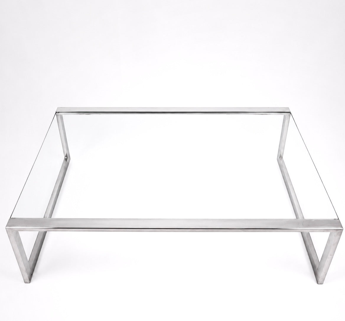 Grande Mesa de centro retangular Breton vintage com tampo em vidro e estrutura em metal prateado