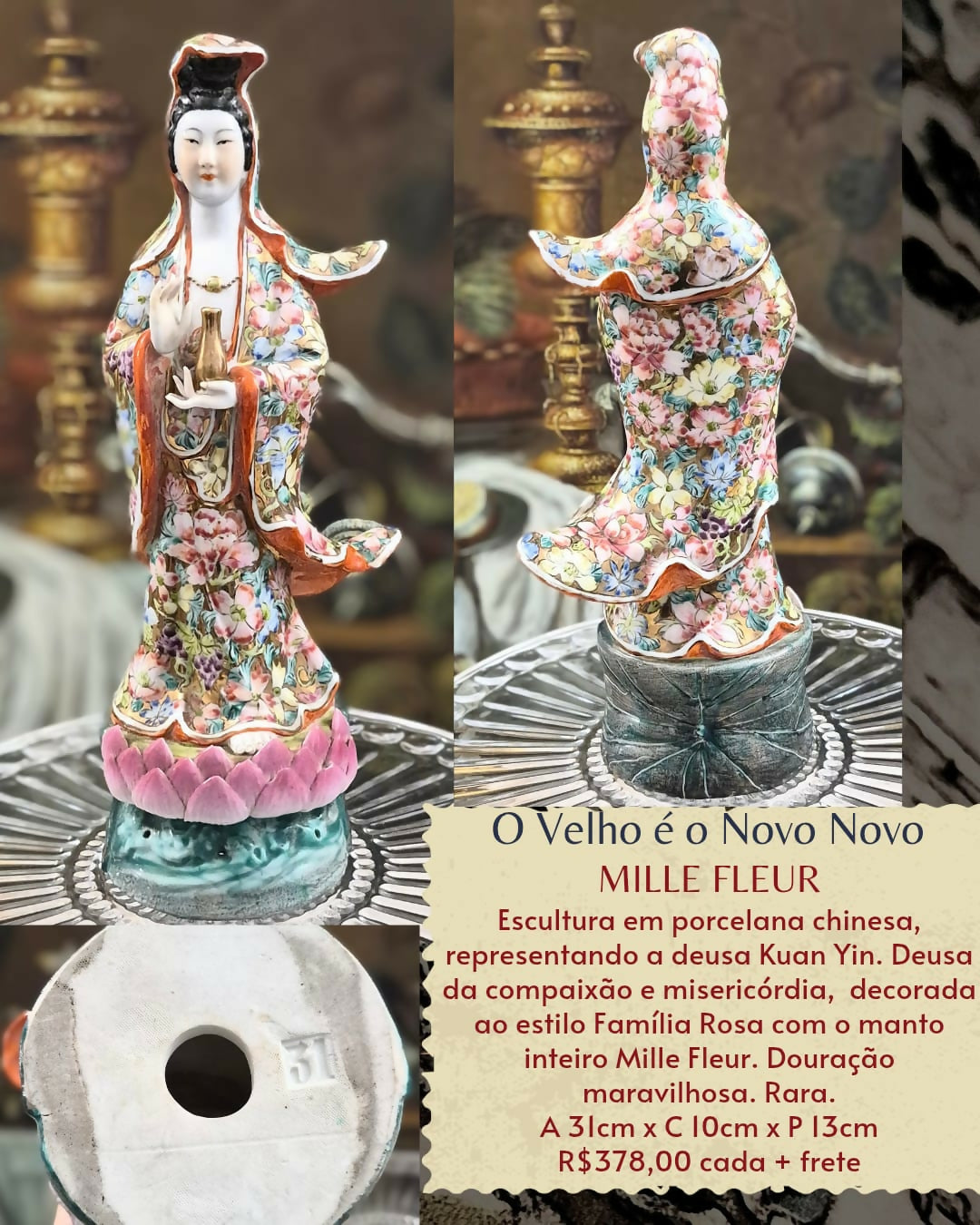 Estatueta da Deusa da Compaixão e Sabedoria Kuan Yin, decorada ao estilo Família Rosa Mille Fleur