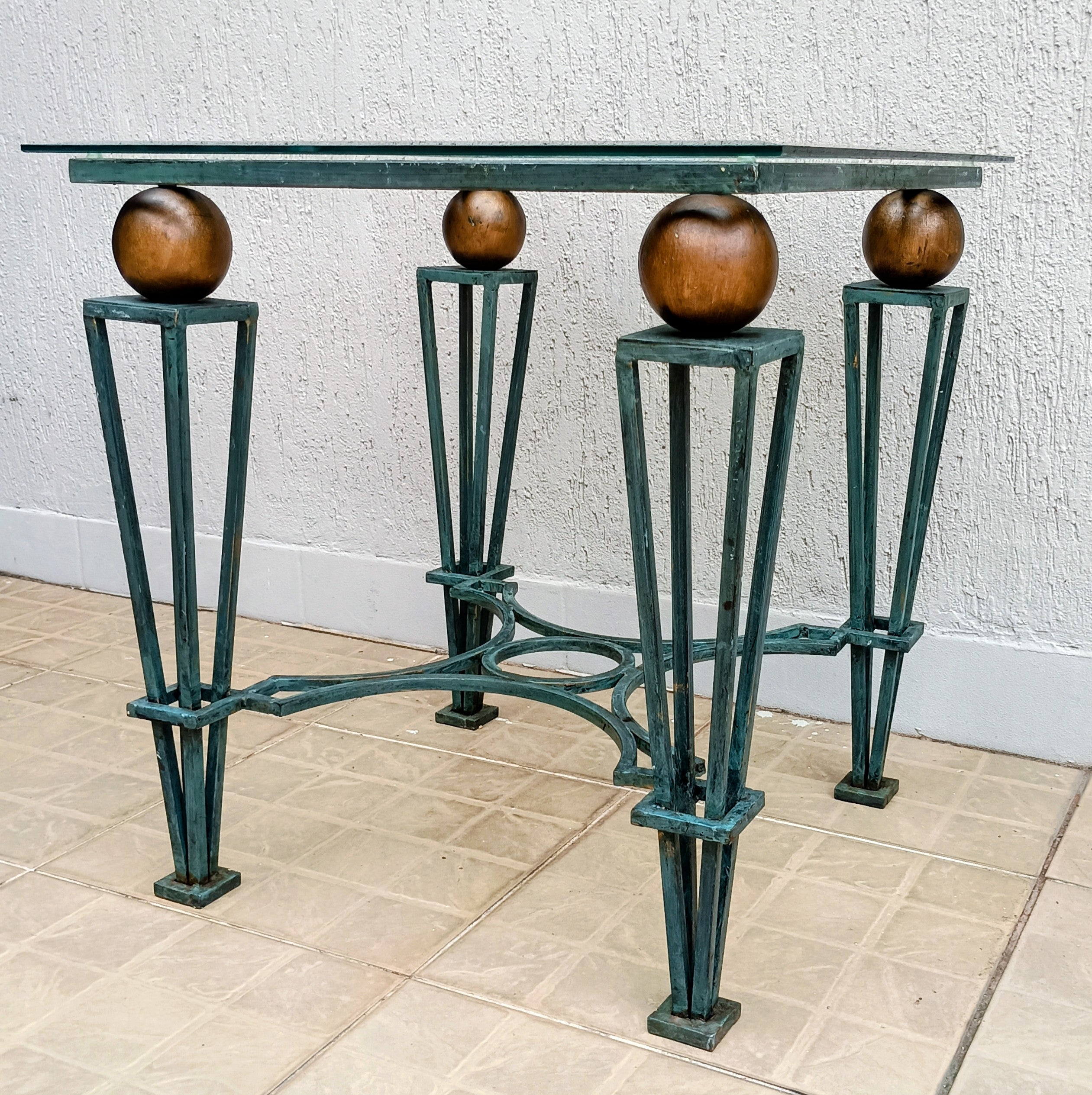 Mesa de Centro Quadrada Art Déco Revivalista em Ferro Maciço com Tampo de Cristal Bisotado