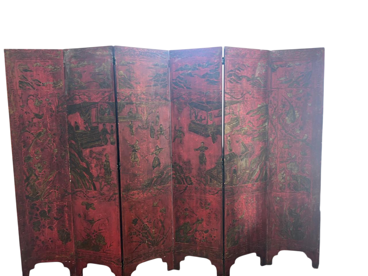 Biombo Oriental 6 Folhas Pintado À Mão. em Laca Vermelha - Duas Faces Decoradas