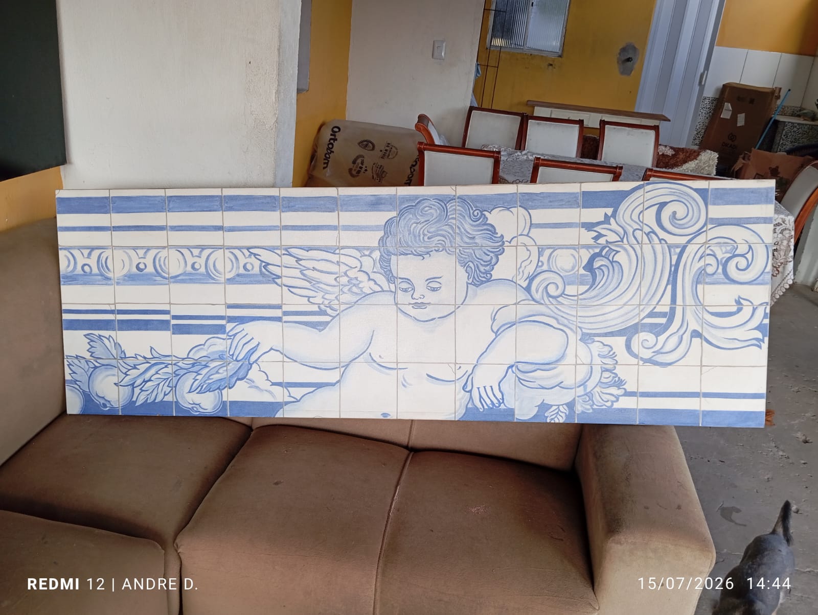 Quadro retangular com Anjo em Azul pintado simulando azulejos