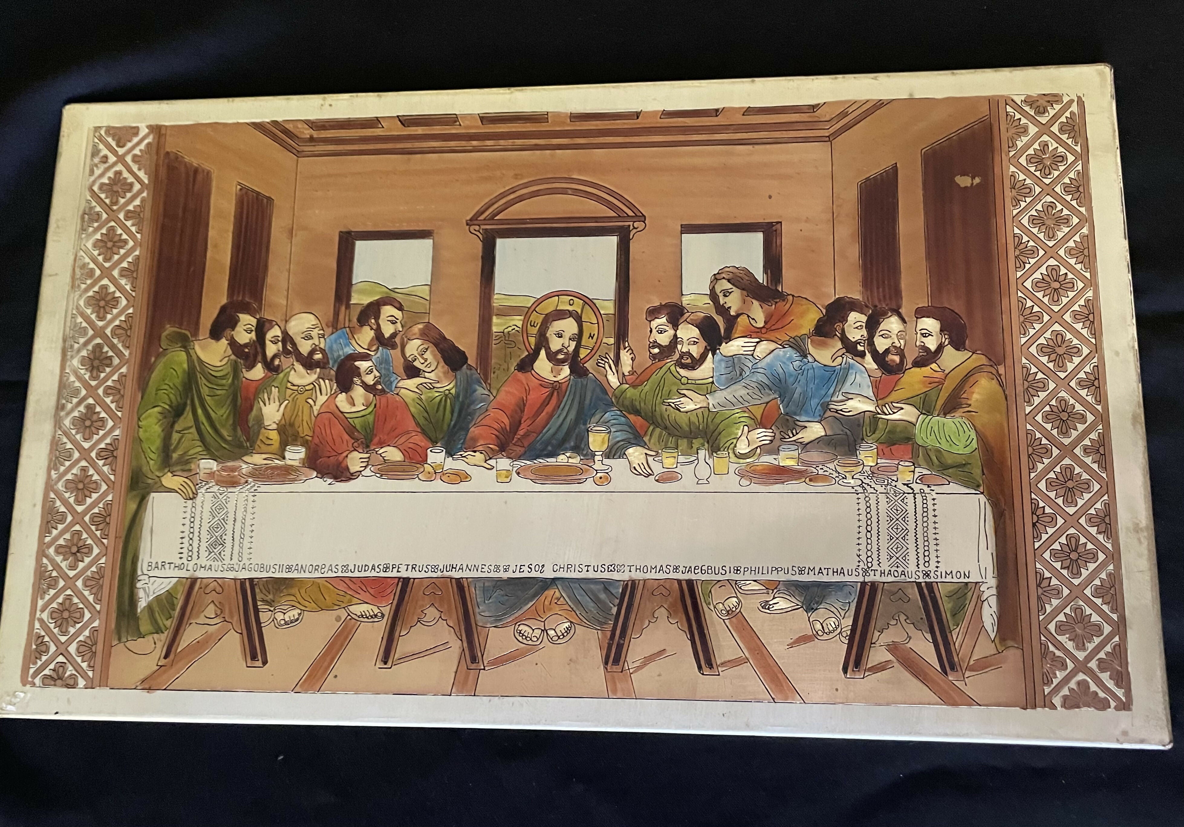 Pintura da Santa Ceia em quadro de metal
