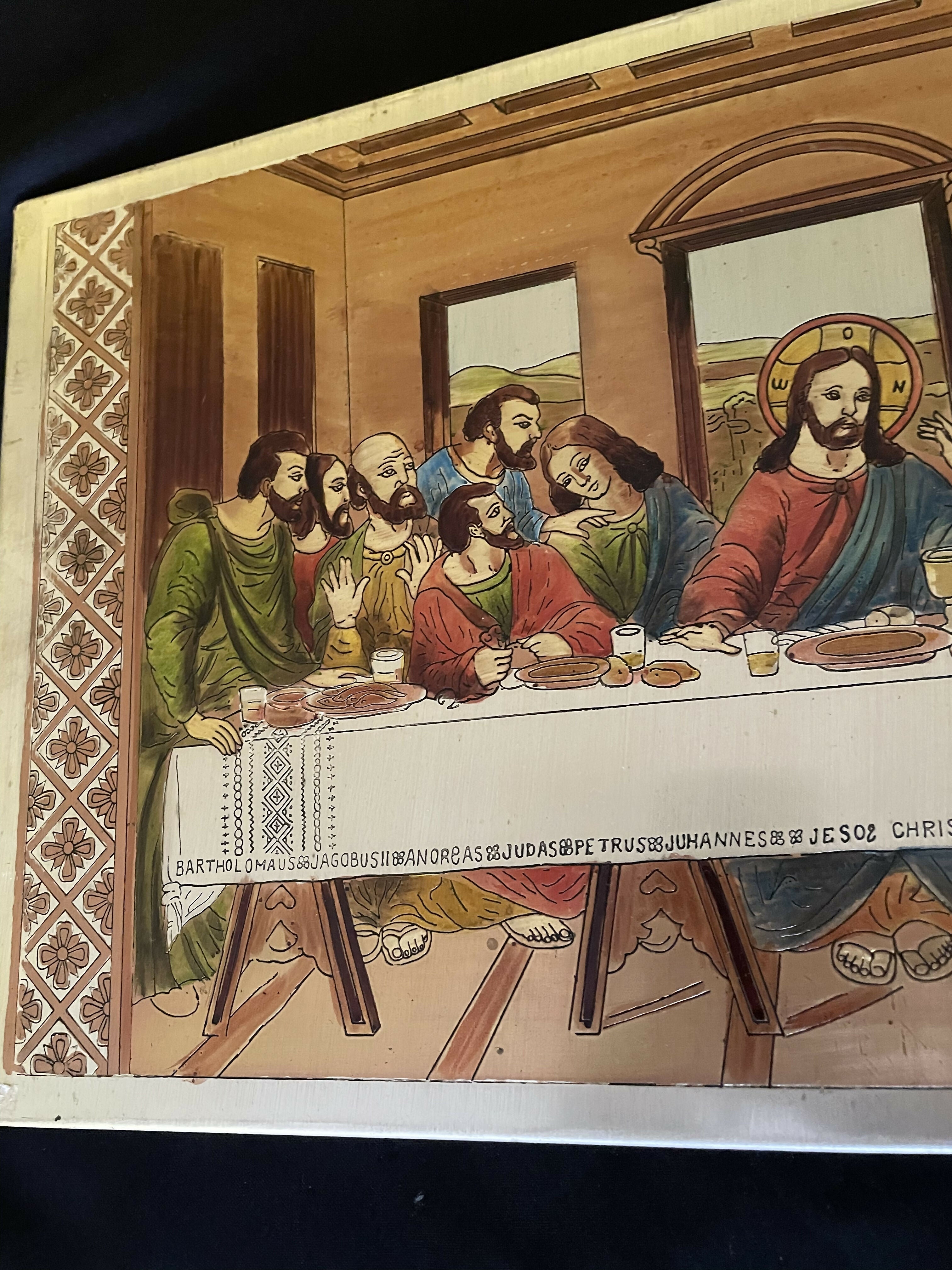 Pintura da Santa Ceia em quadro de metal