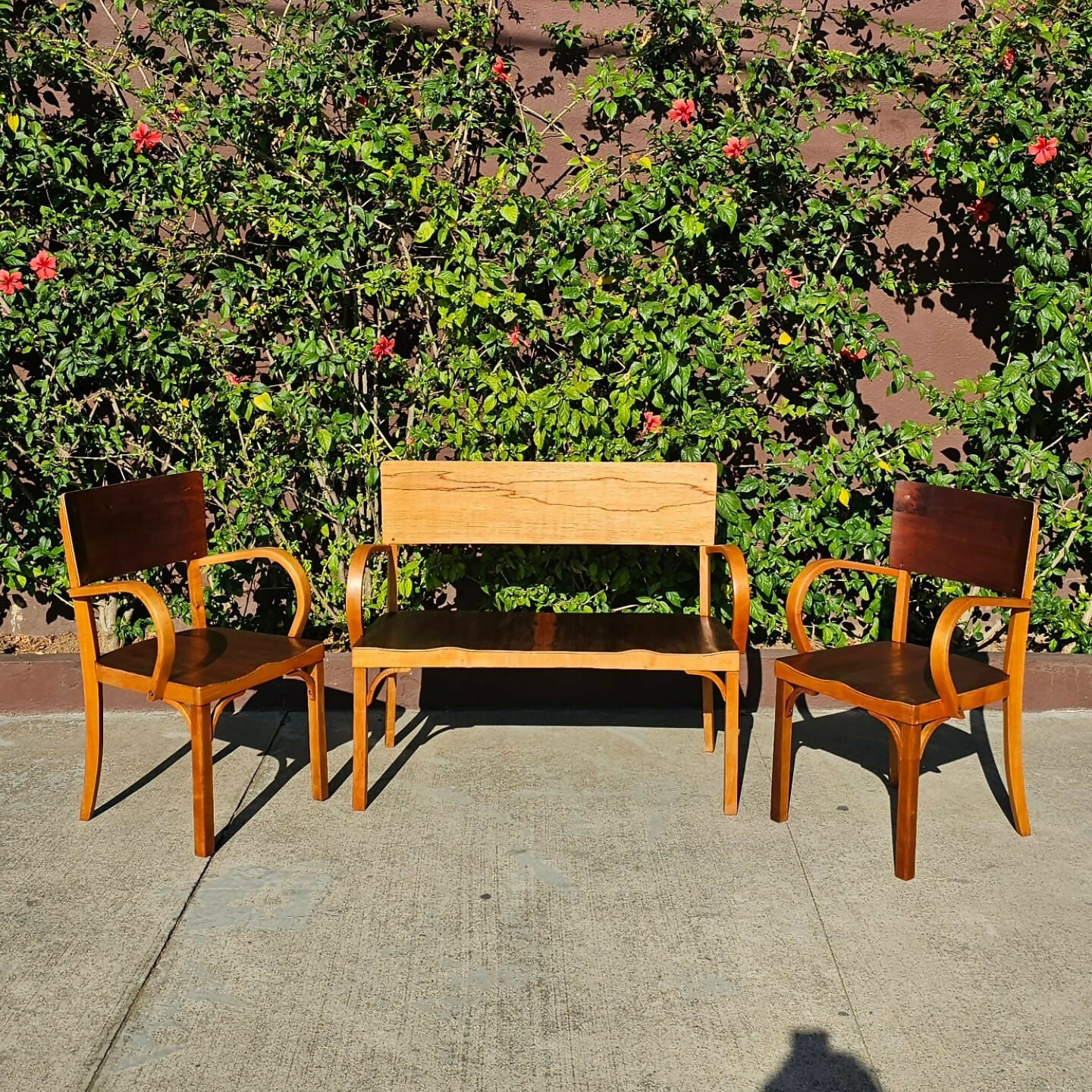 Namoradeira e duas cadeiras, em imbuia, década de 50, móveis Streif