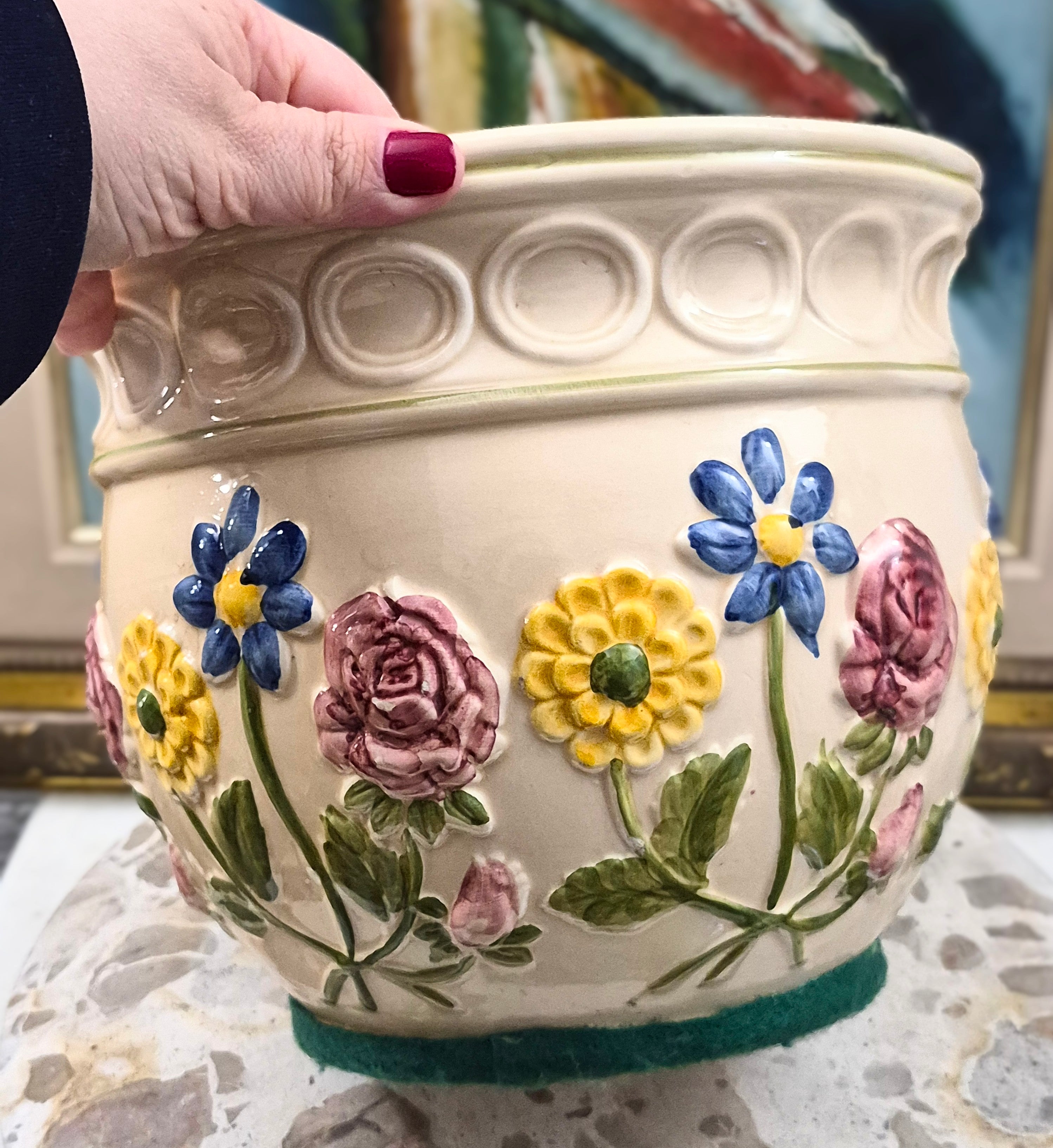 Cachepot cerâmica WEISS vintage com flores multicoloridas