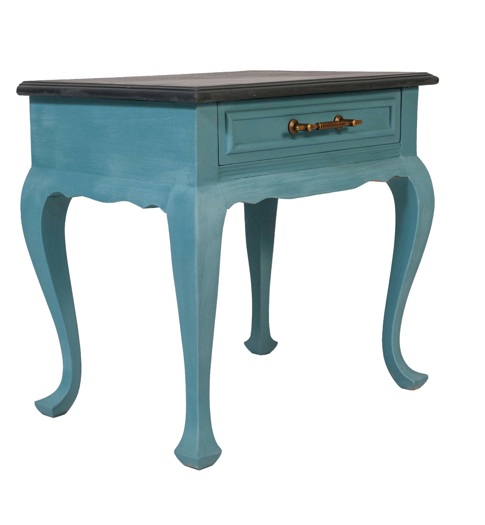 Mesa Lateral restaurada azul e preta - madeira maciça