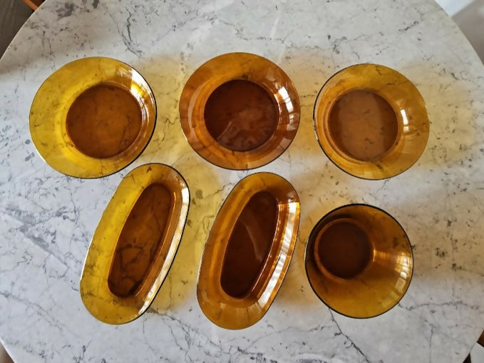Conjunto Duralex âmbar original – travessas, pratos fundos e saladeira