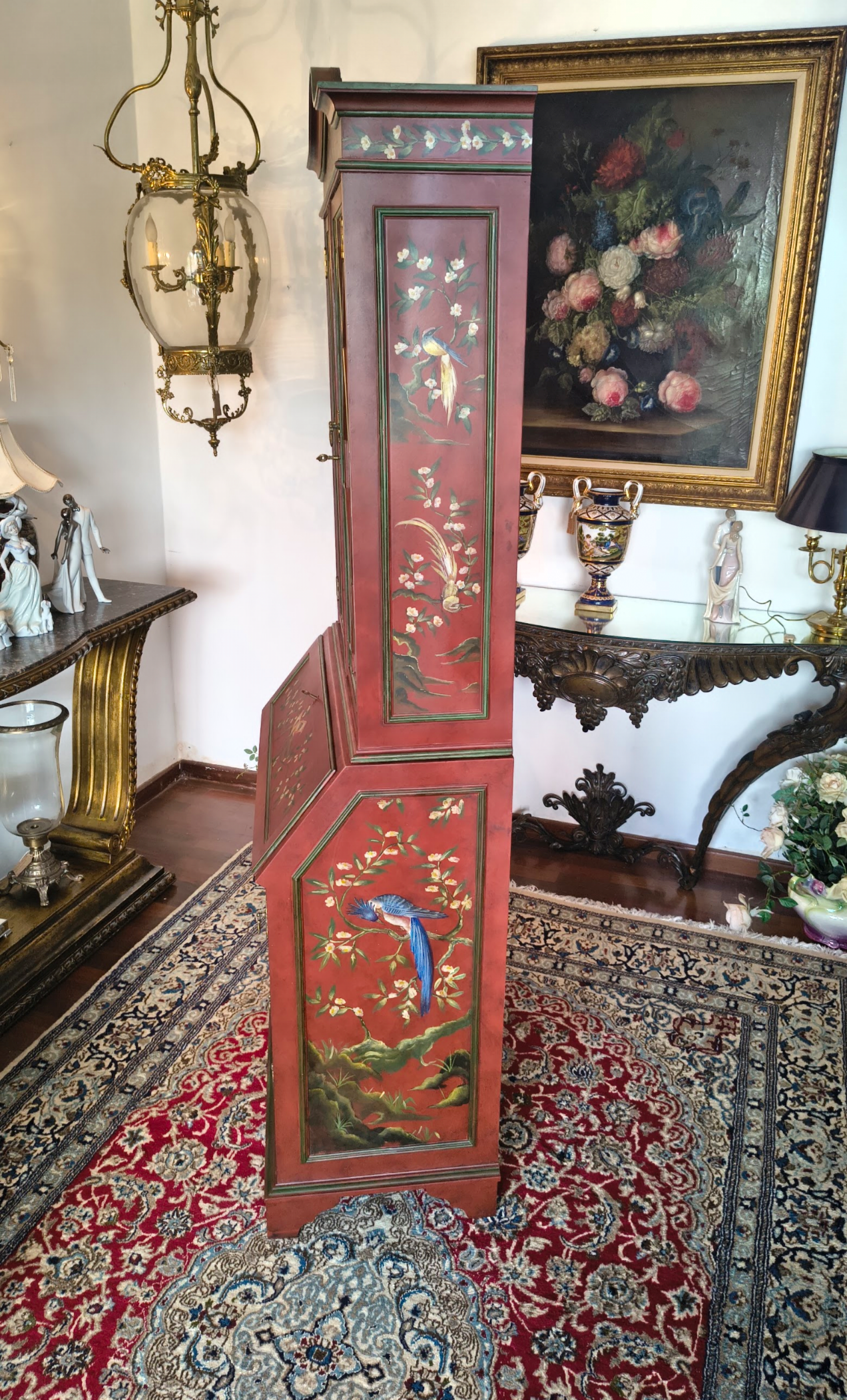 Estante Papeleira secretaria ( estilo Chinoiserie) vermelha com flores e pássaros 