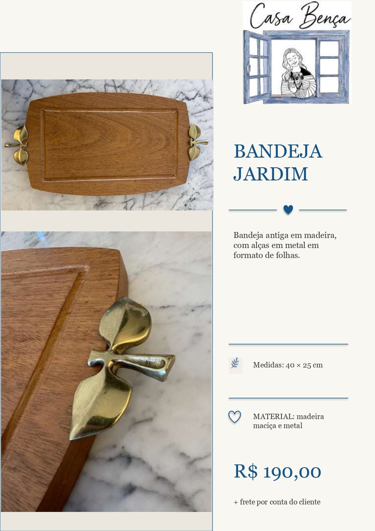 Bandeja em madeira com alças em metal em forma de folha - Bandeja "Jardim"