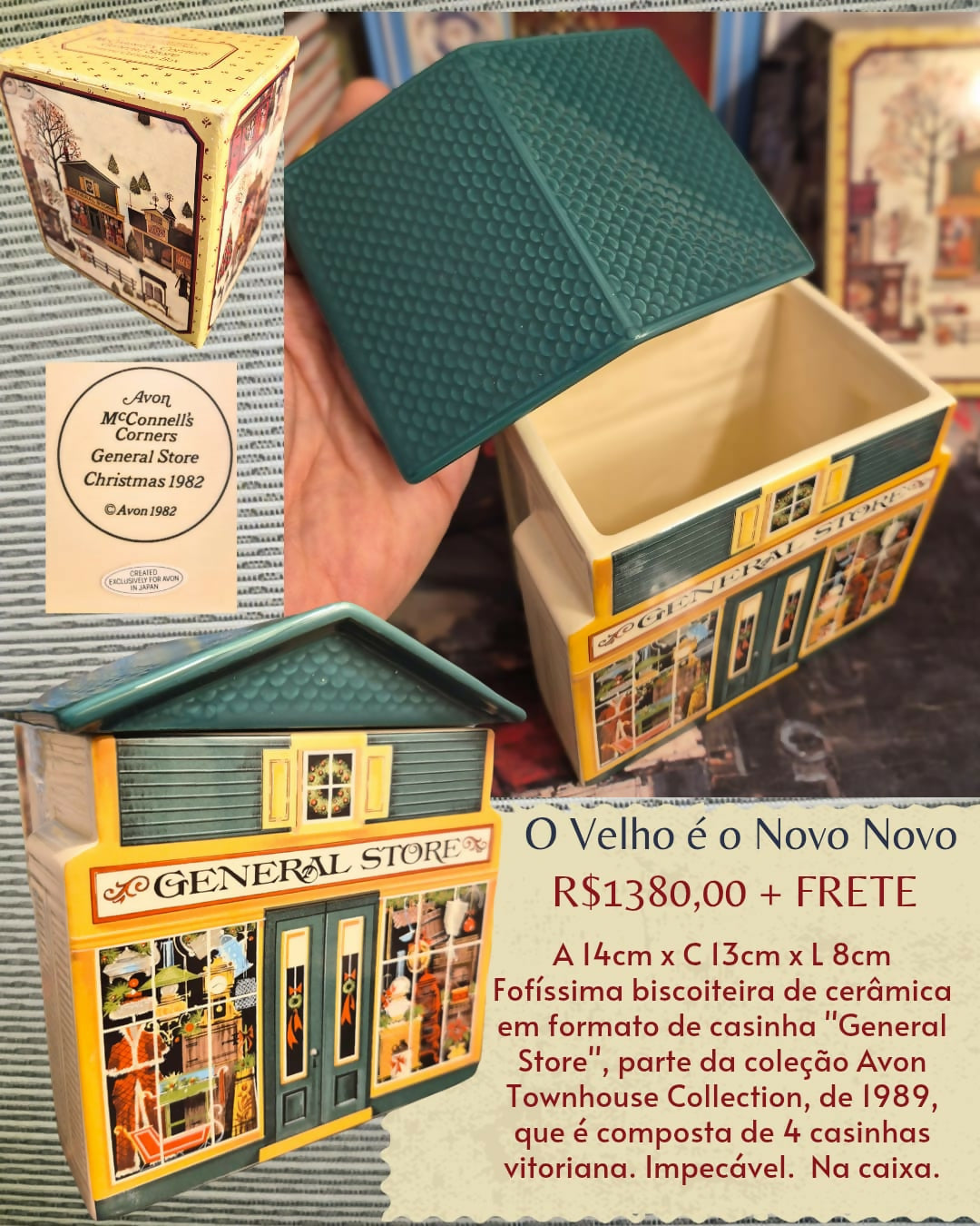 Biscoiteira de cerâmica em formato de casinha " General Store", parte da coleção da Avon Townhouse.