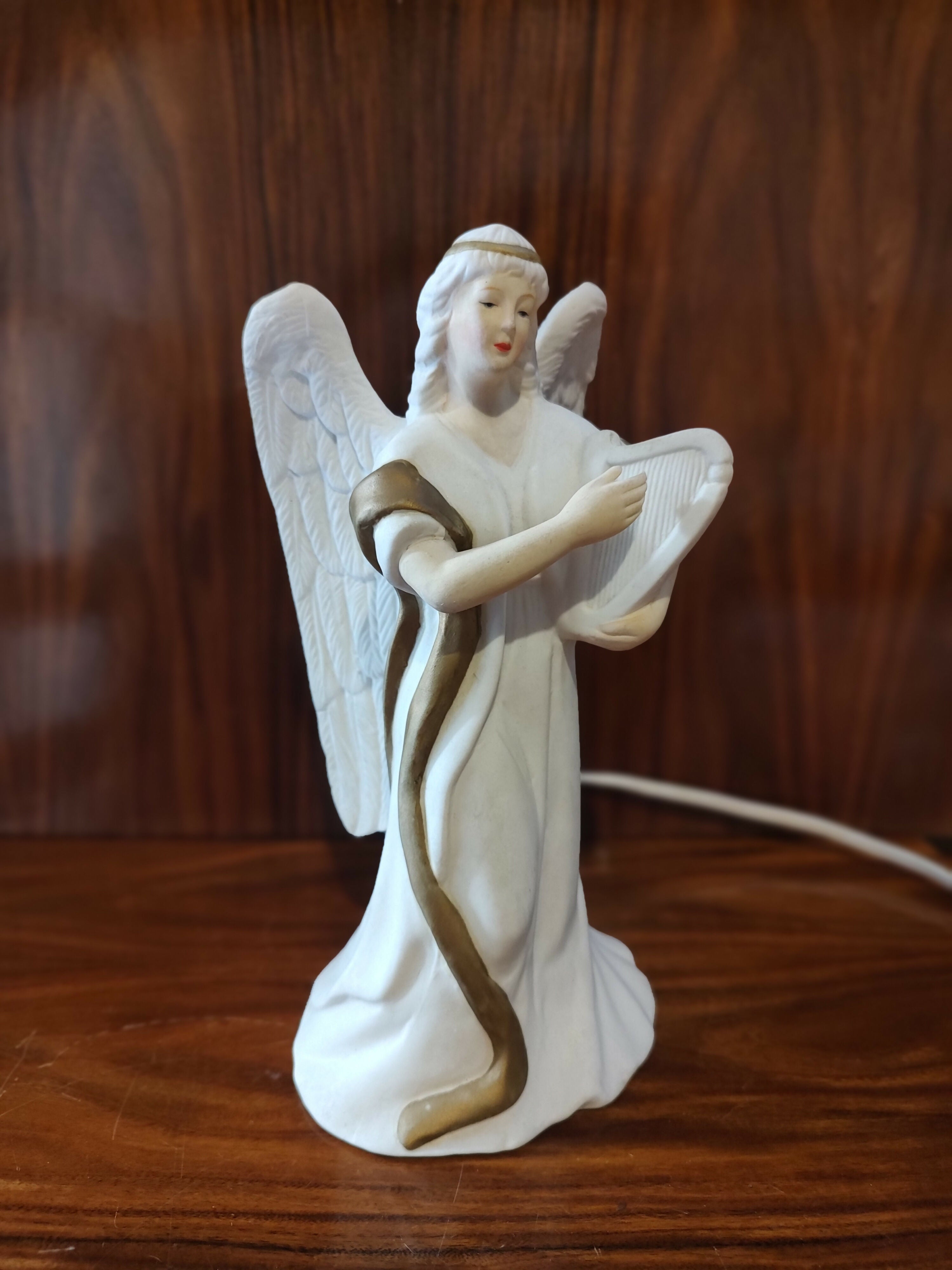 Antiga Luminária de Anjo com Harpa em Porcelana Biscuit - anos 90