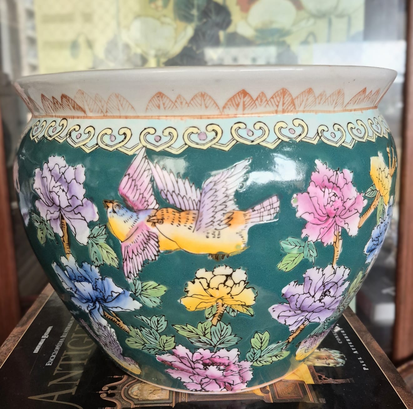 Cachepot aquário em porcelana chinesa vintage, anos 70, estilo Huaniao (pássaros e flores) da Família Rosa.